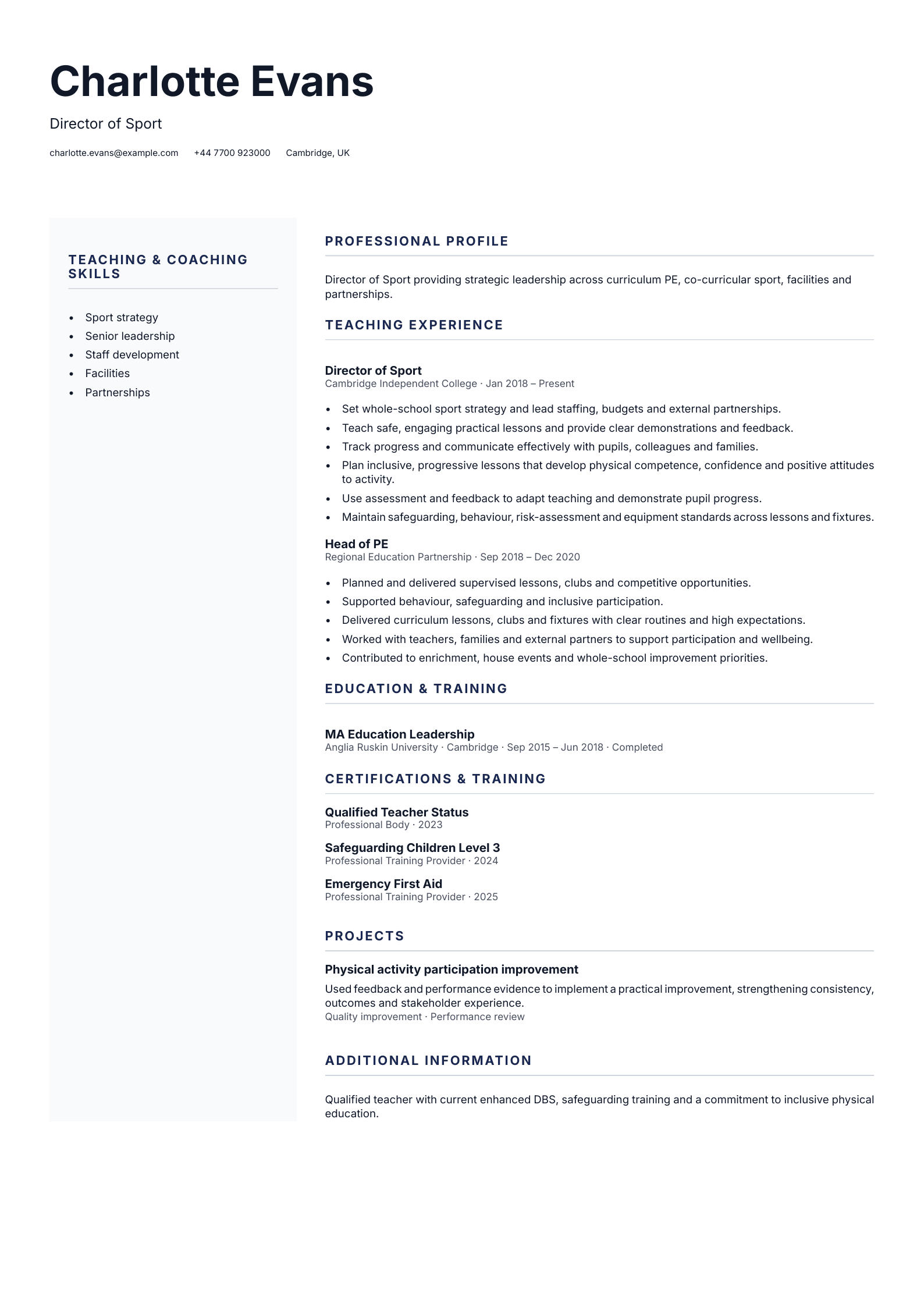 Director of Sport CV template
