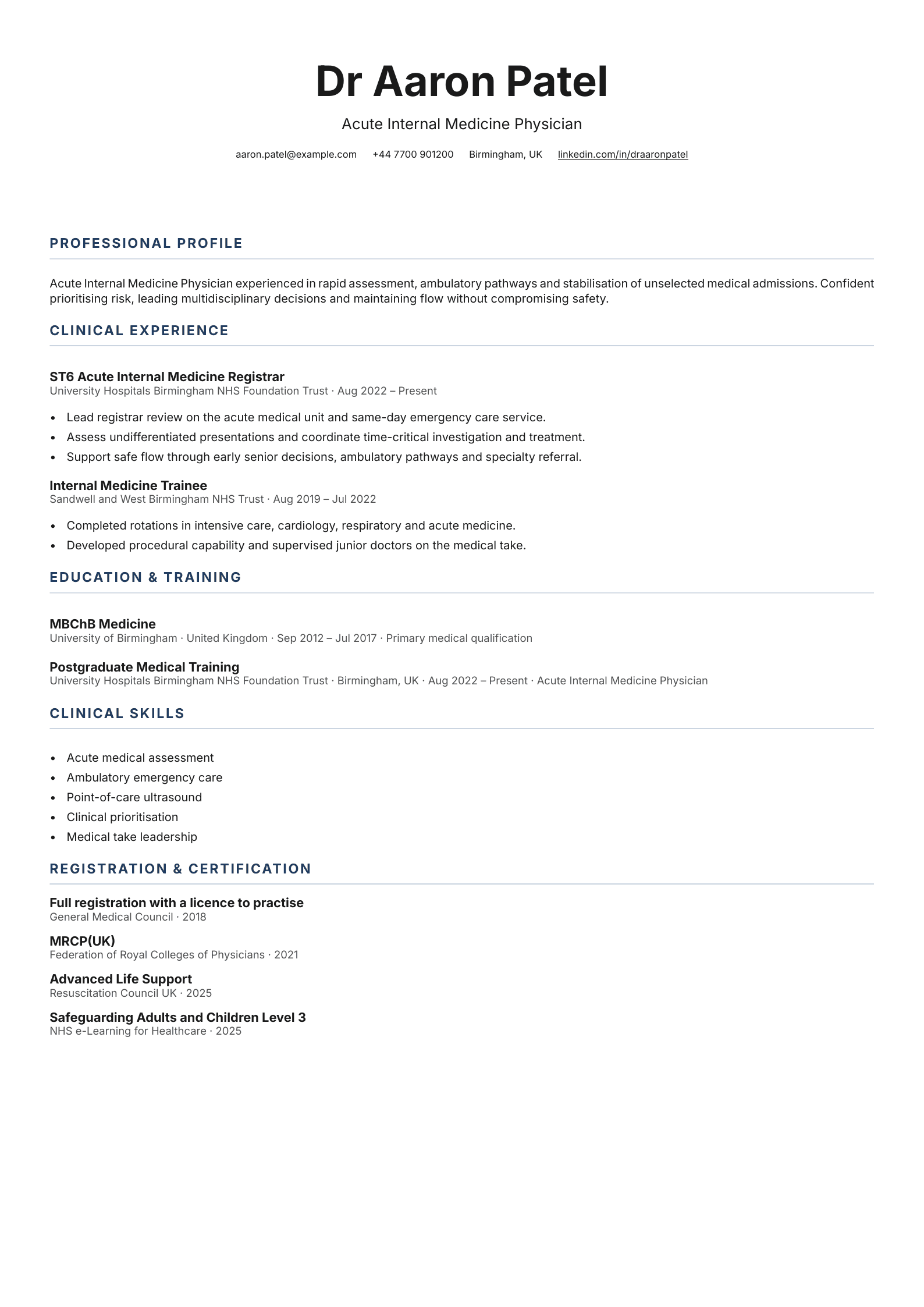 Acute Internal Medicine Physician CV template