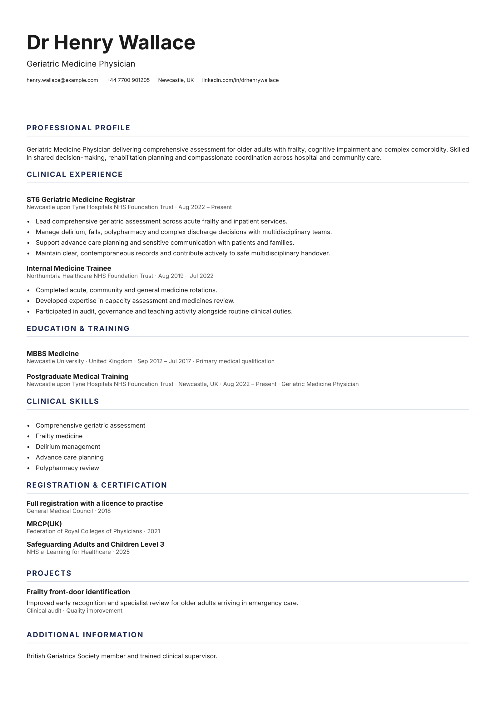 Geriatric Medicine Physician CV template