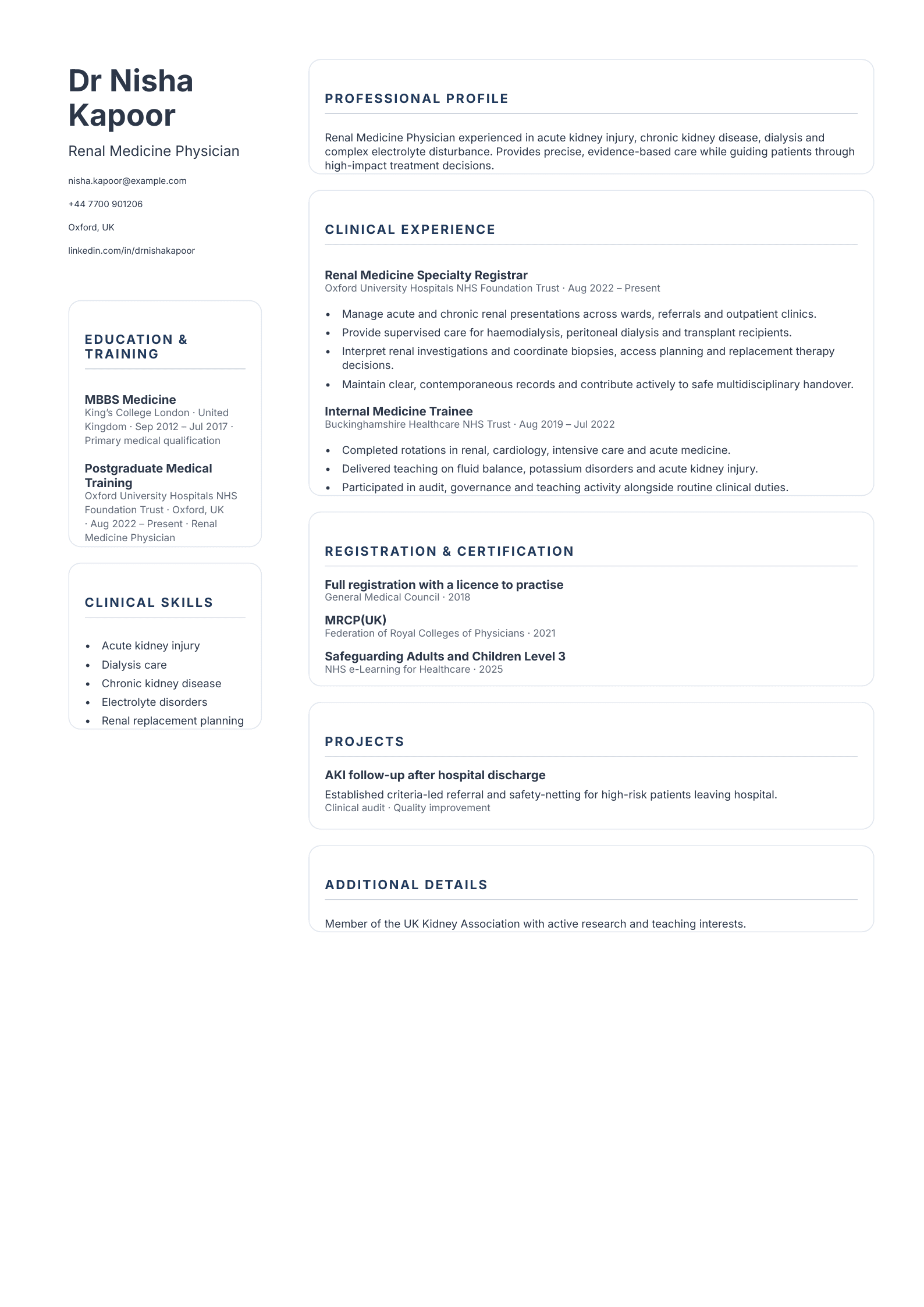 Renal Medicine Physician CV template