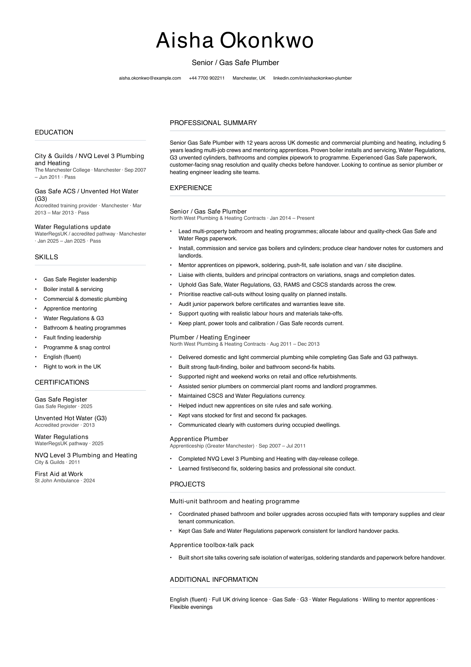 senior gas safe plumber cv template