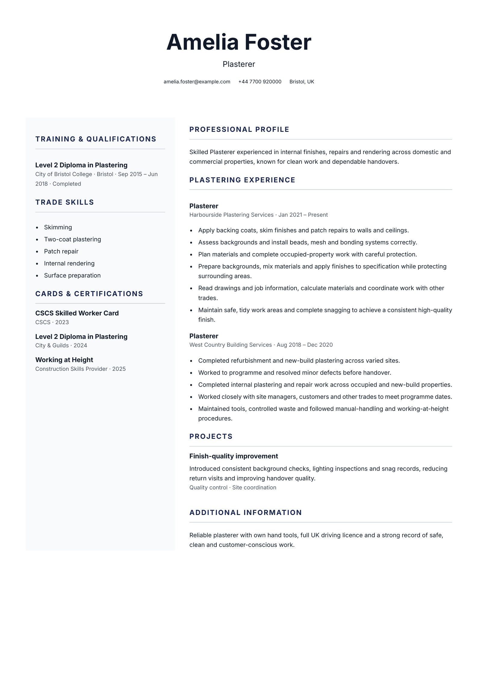 Plasterer CV