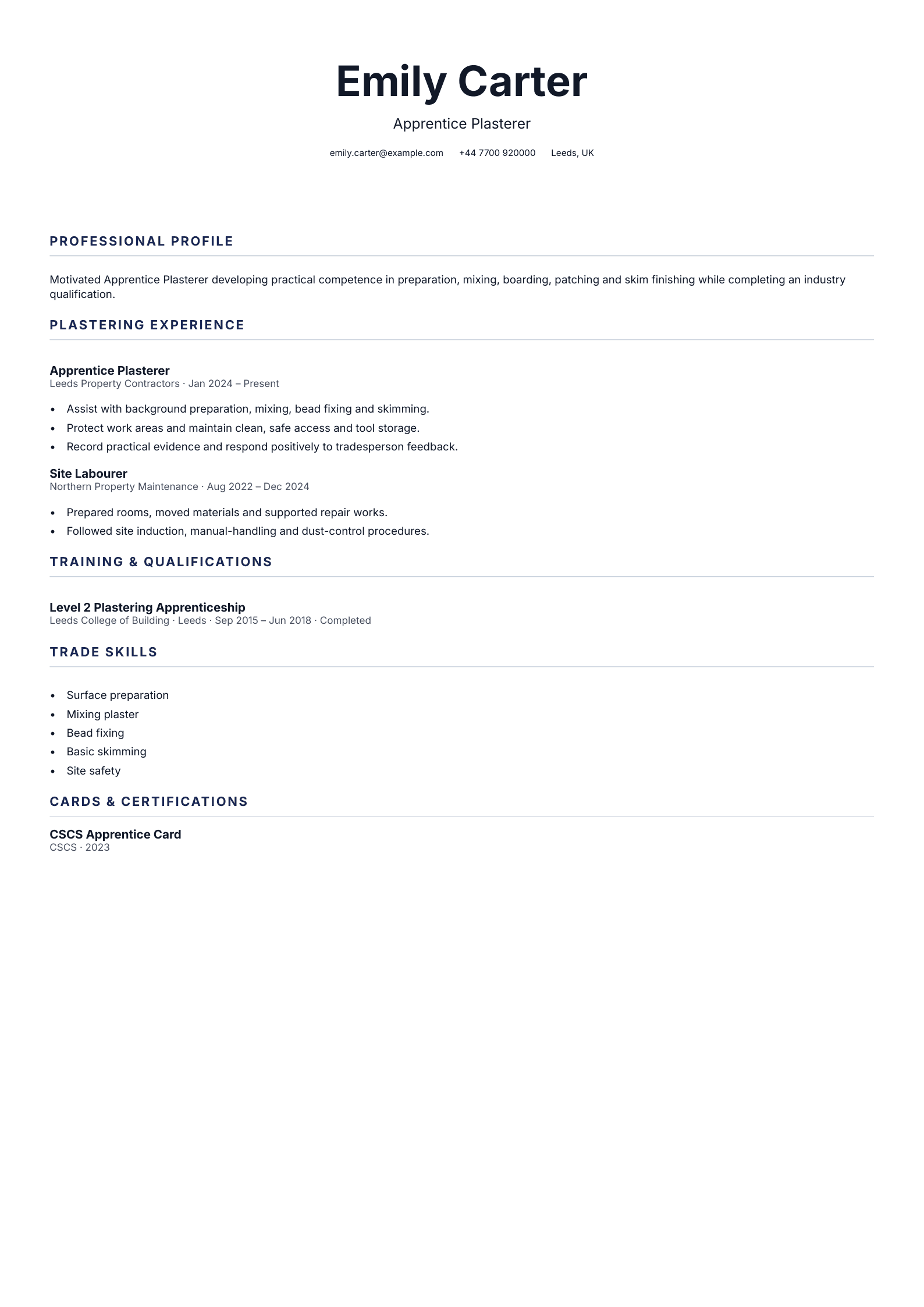 Apprentice Plasterer CV template
