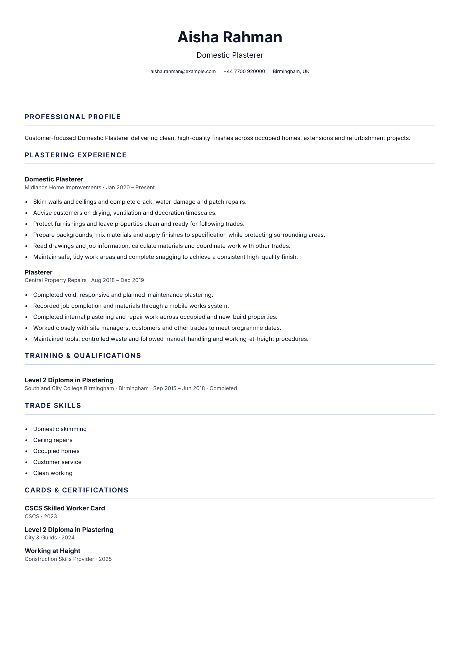 Domestic Plasterer CV template