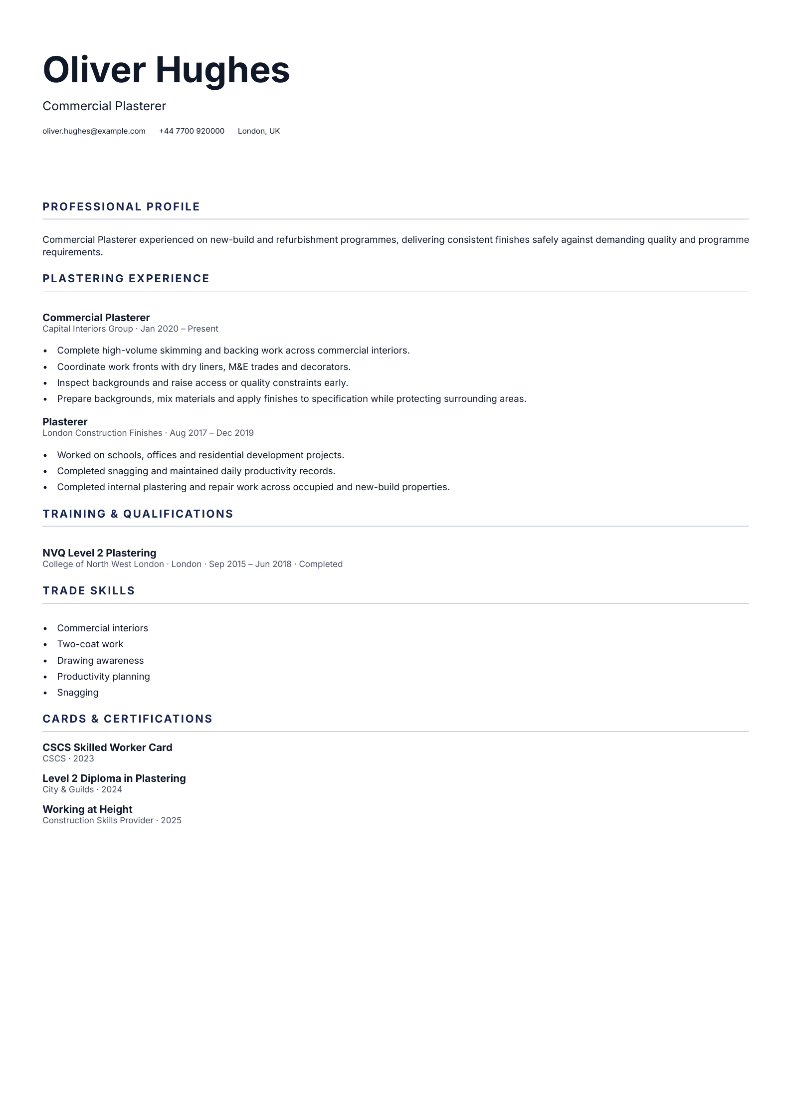 Commercial Plasterer CV template