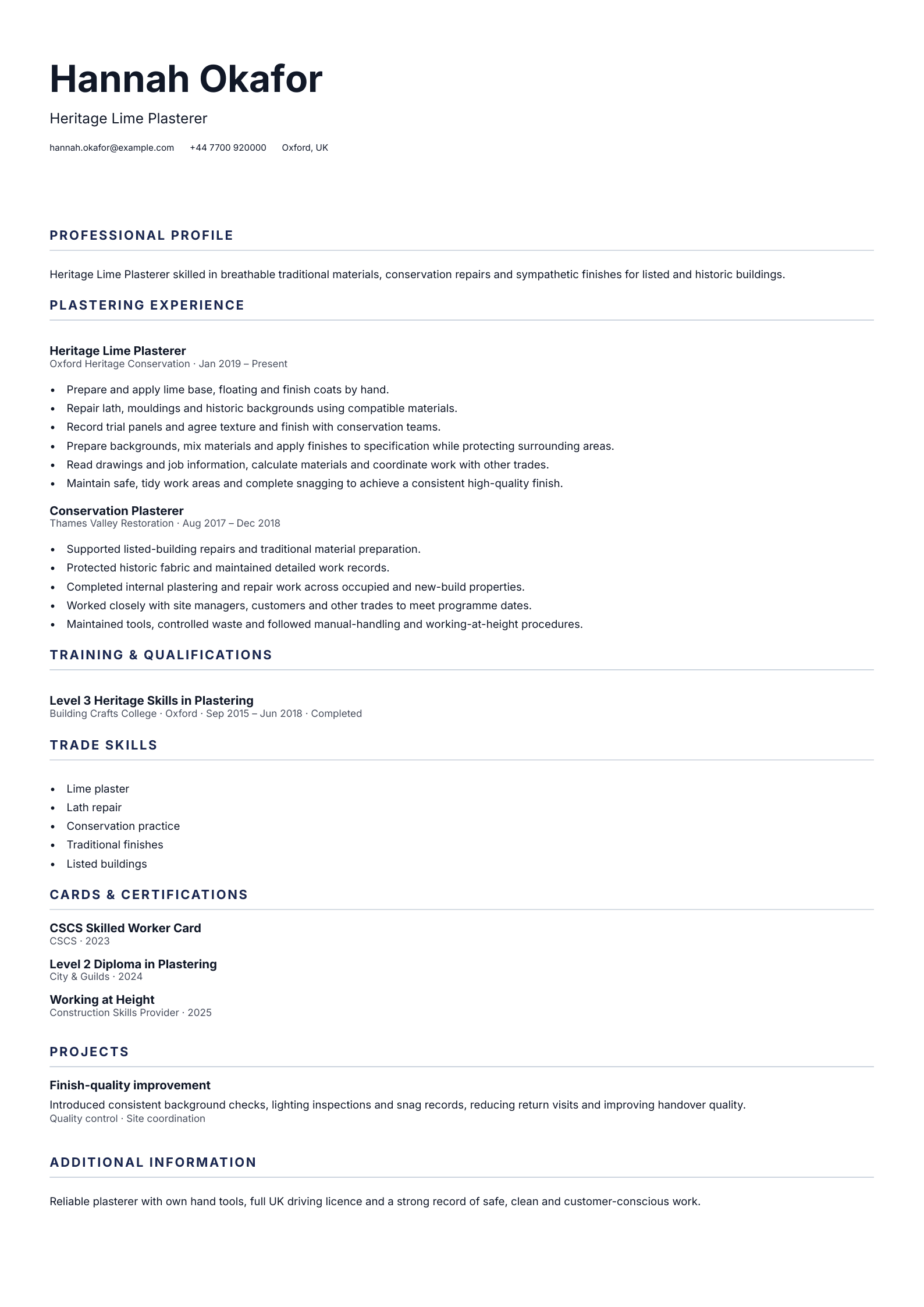 Heritage Lime Plasterer CV template