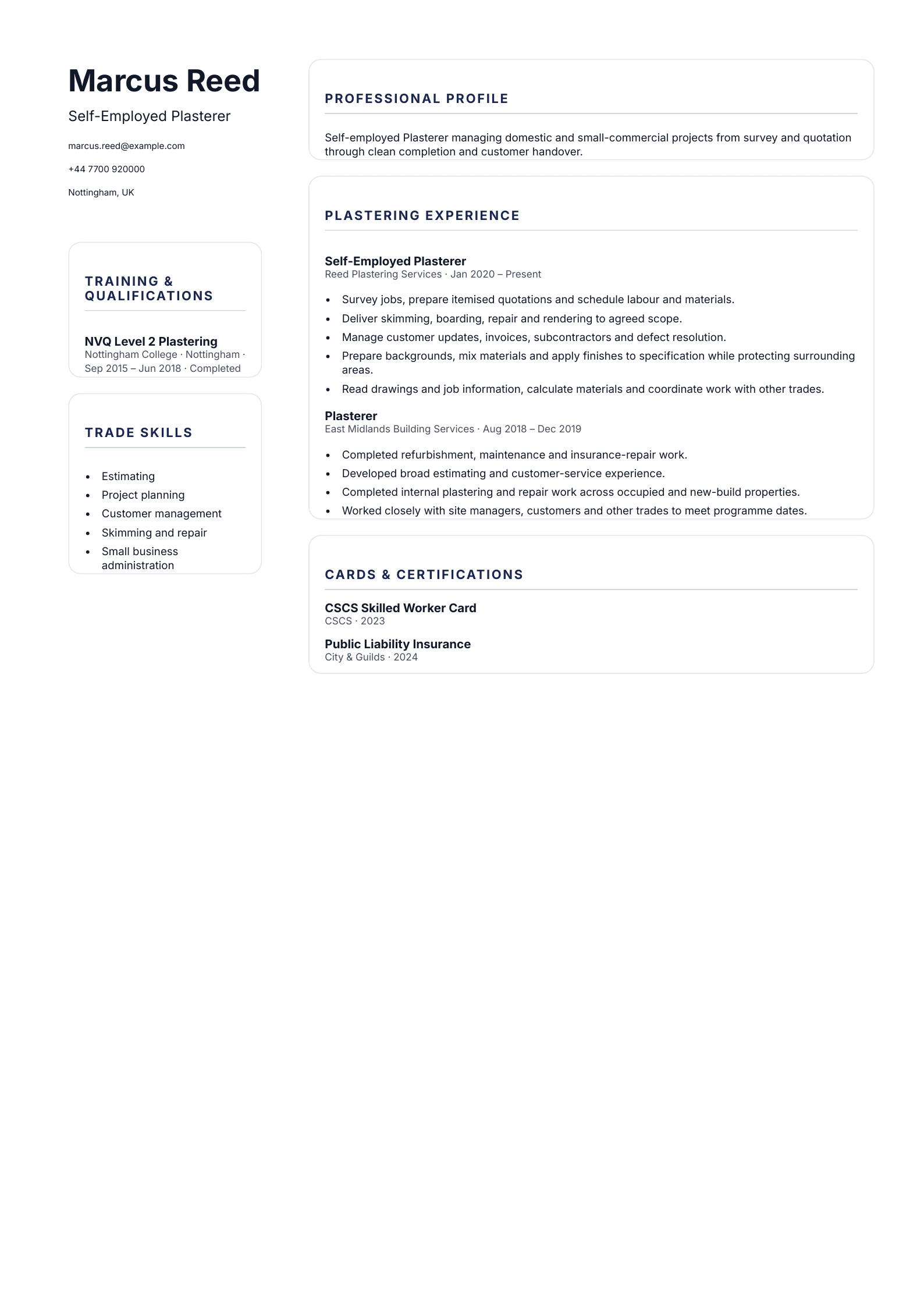 Self-Employed Plasterer CV template