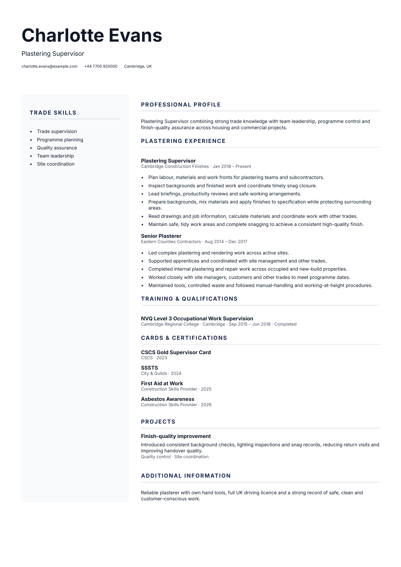 Plastering Supervisor CV template