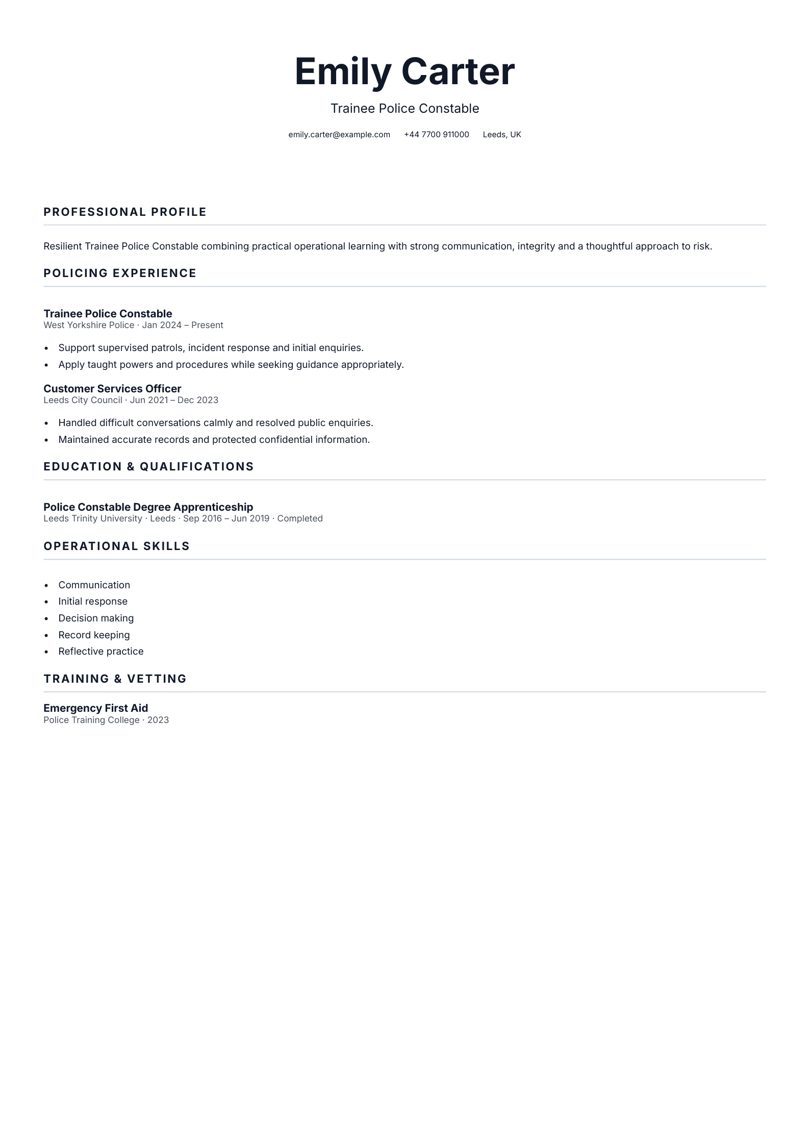Trainee Police Constable CV template