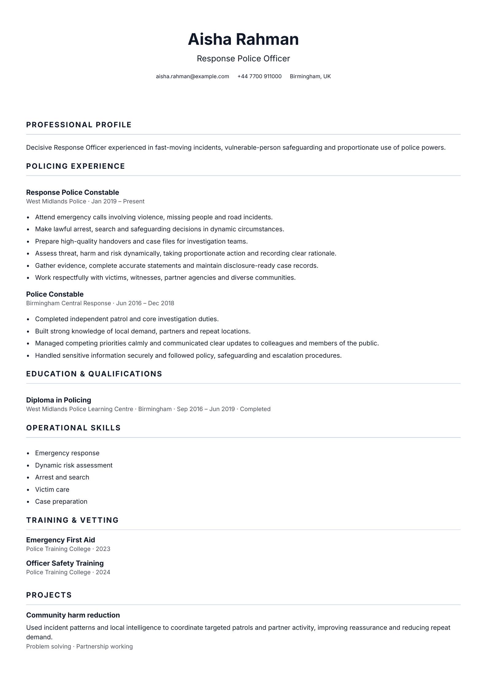 Response Police Officer CV template