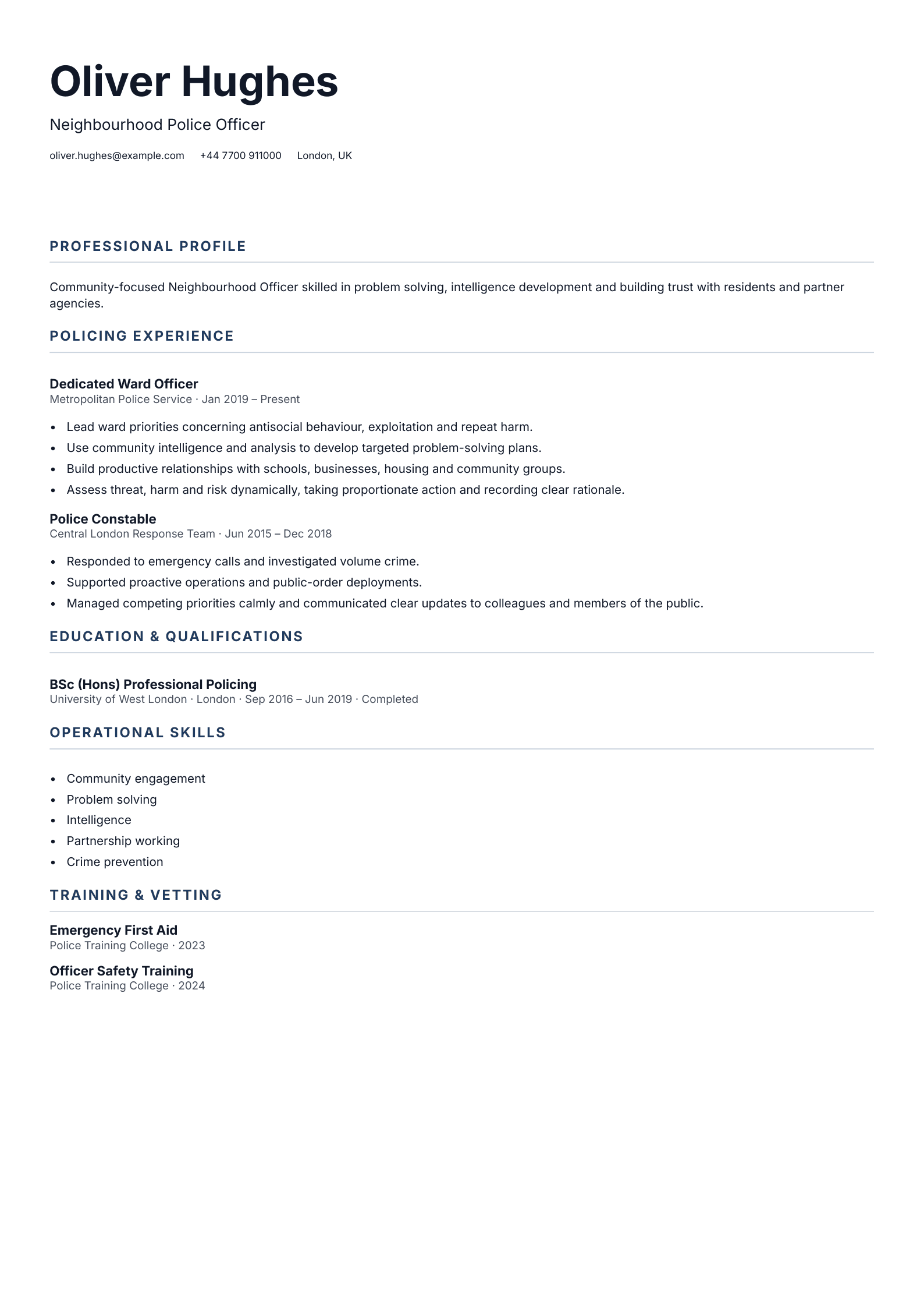 Neighbourhood Police Officer CV template