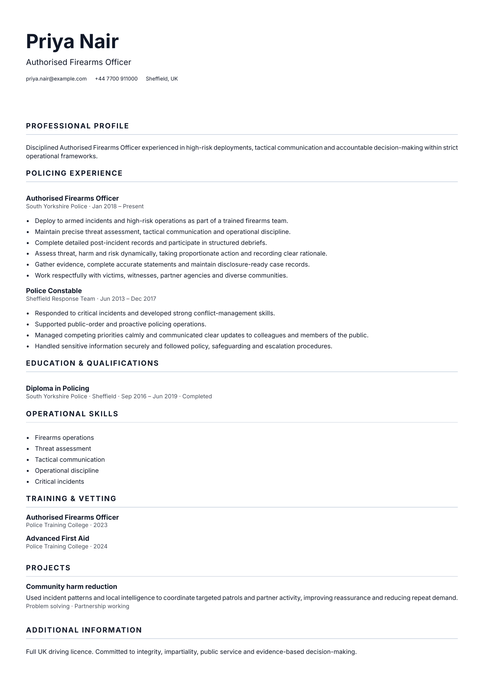 Authorised Firearms Officer CV template