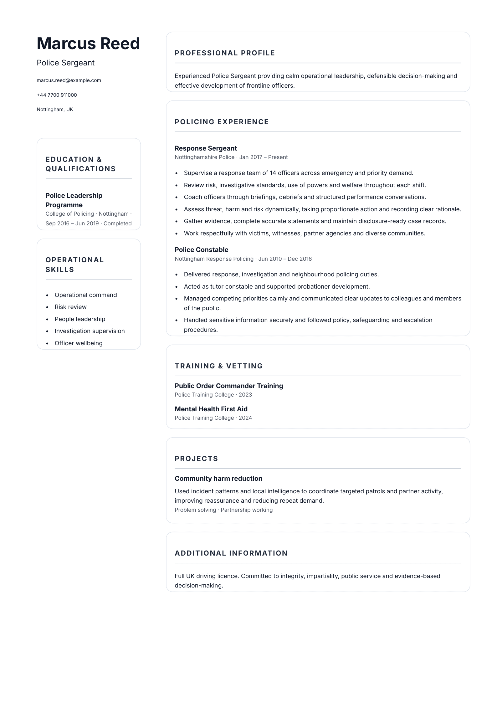 Police Sergeant CV template