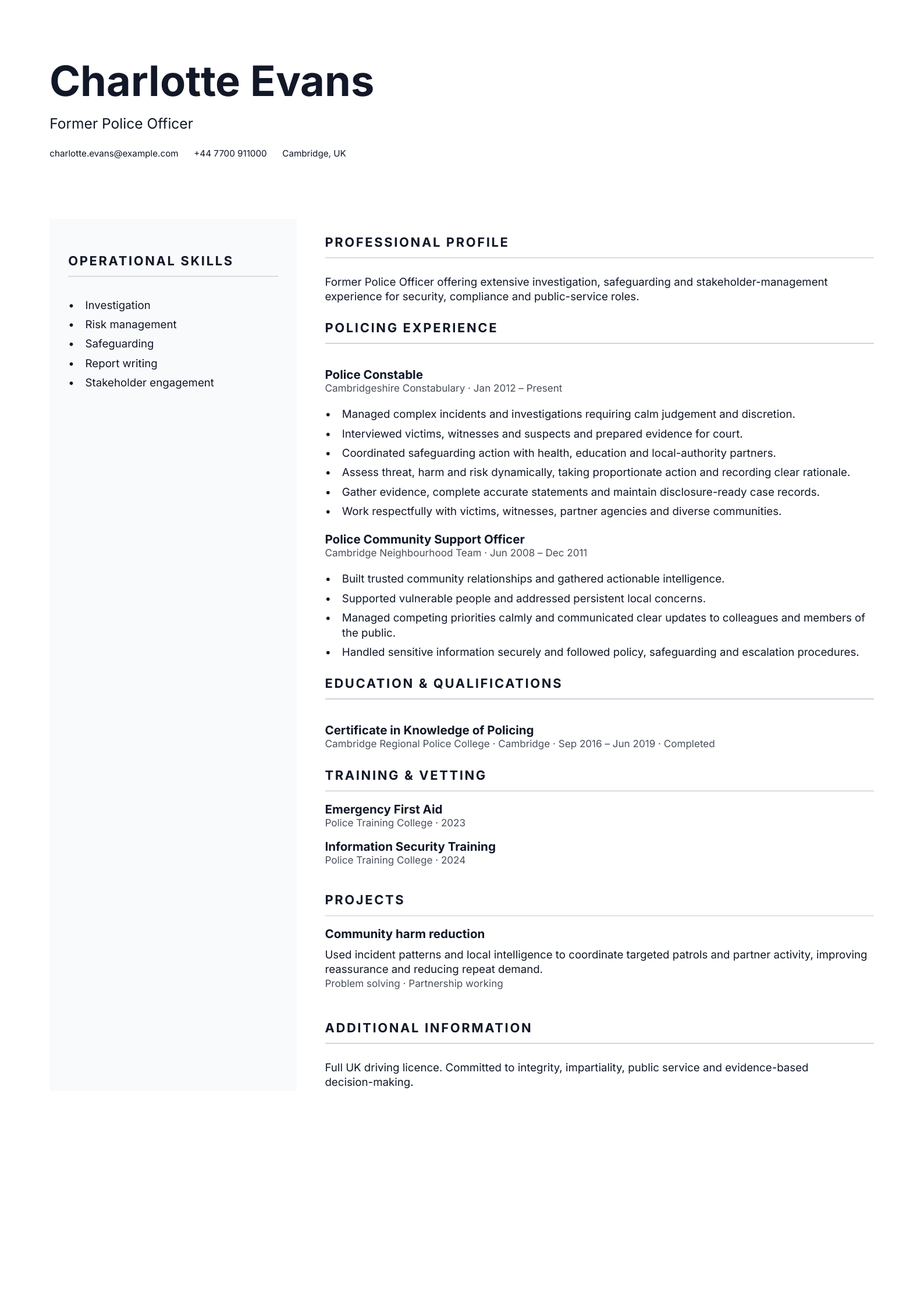Former Police Officer CV template