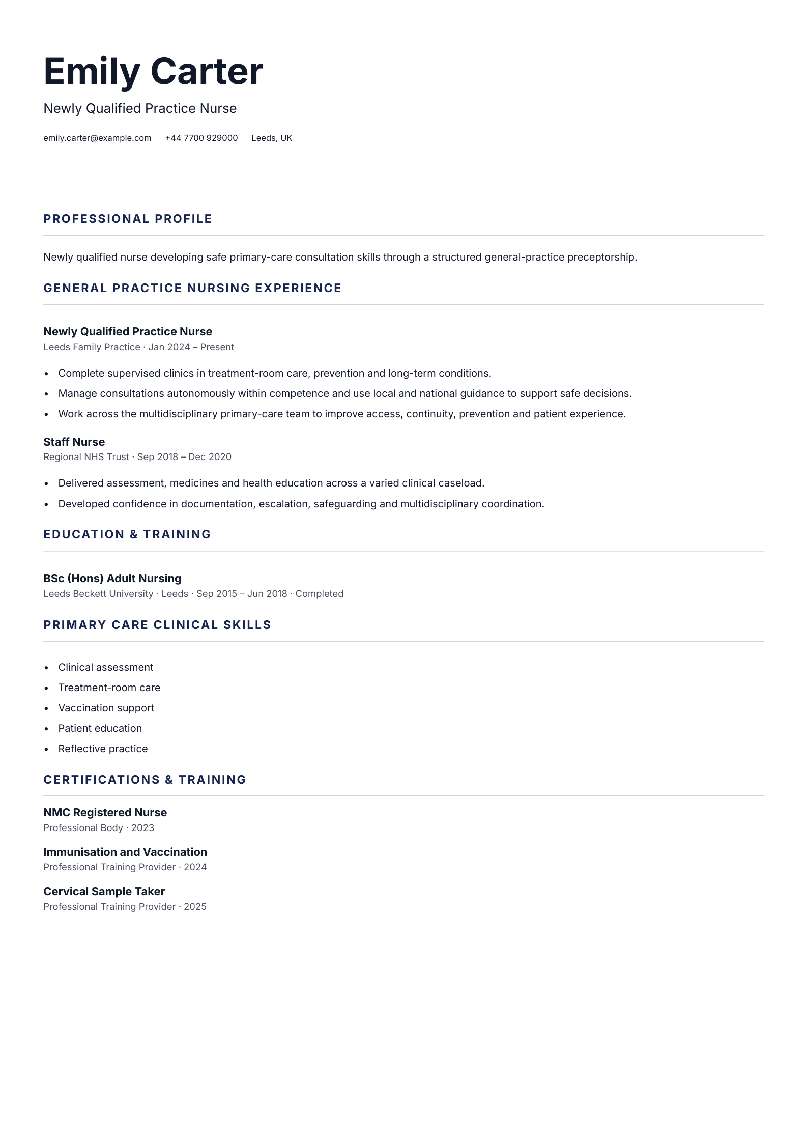 Newly Qualified Practice Nurse CV template