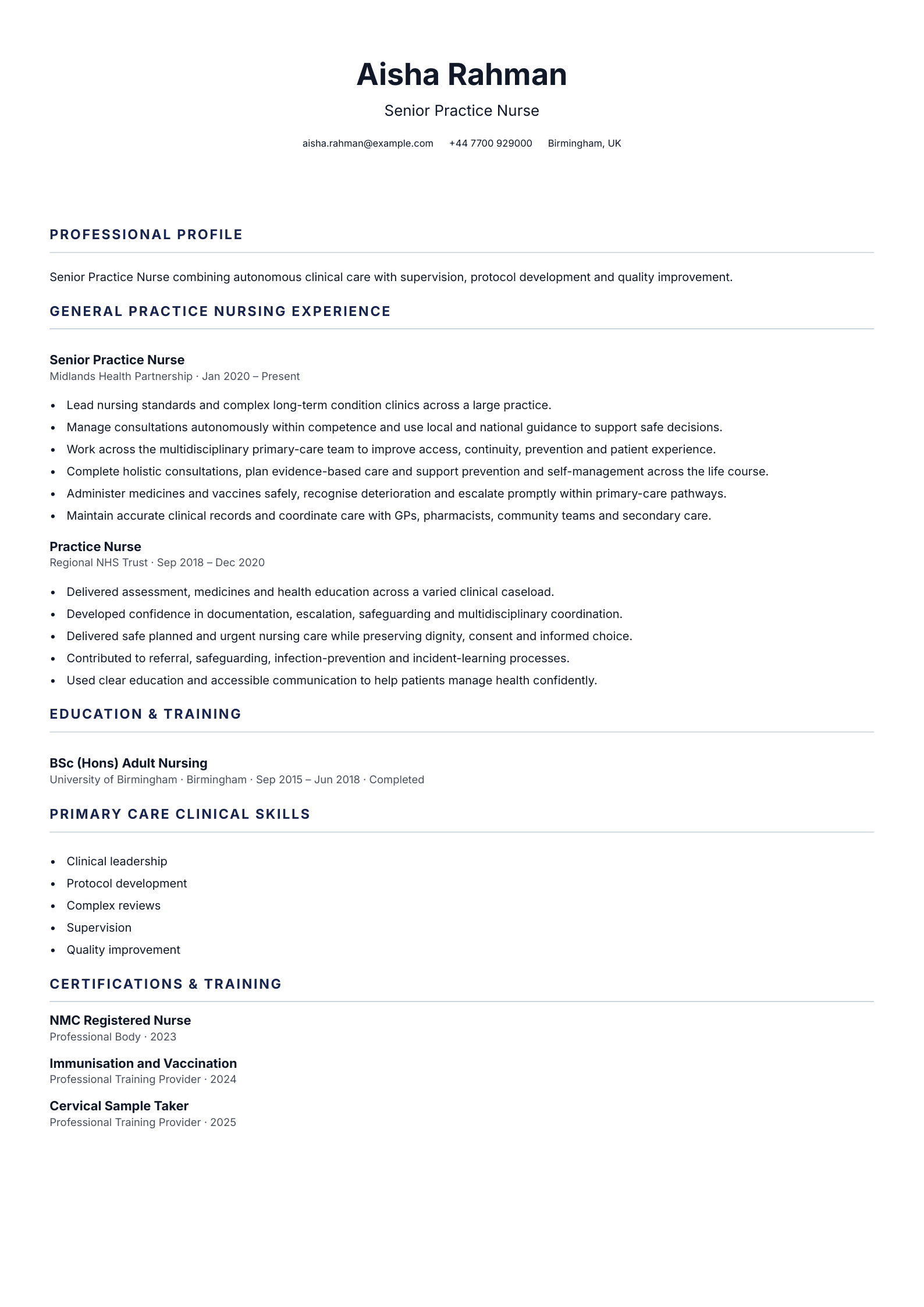 Senior Practice Nurse CV template