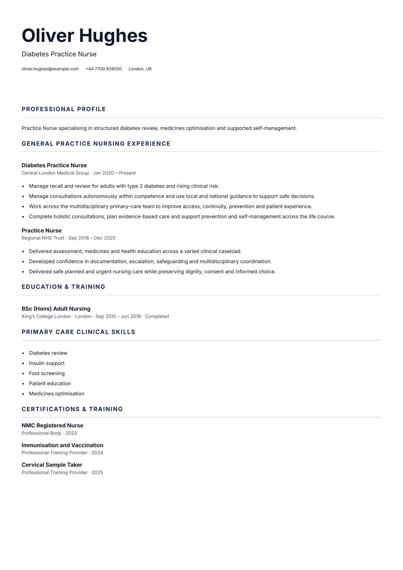 Diabetes Practice Nurse CV template