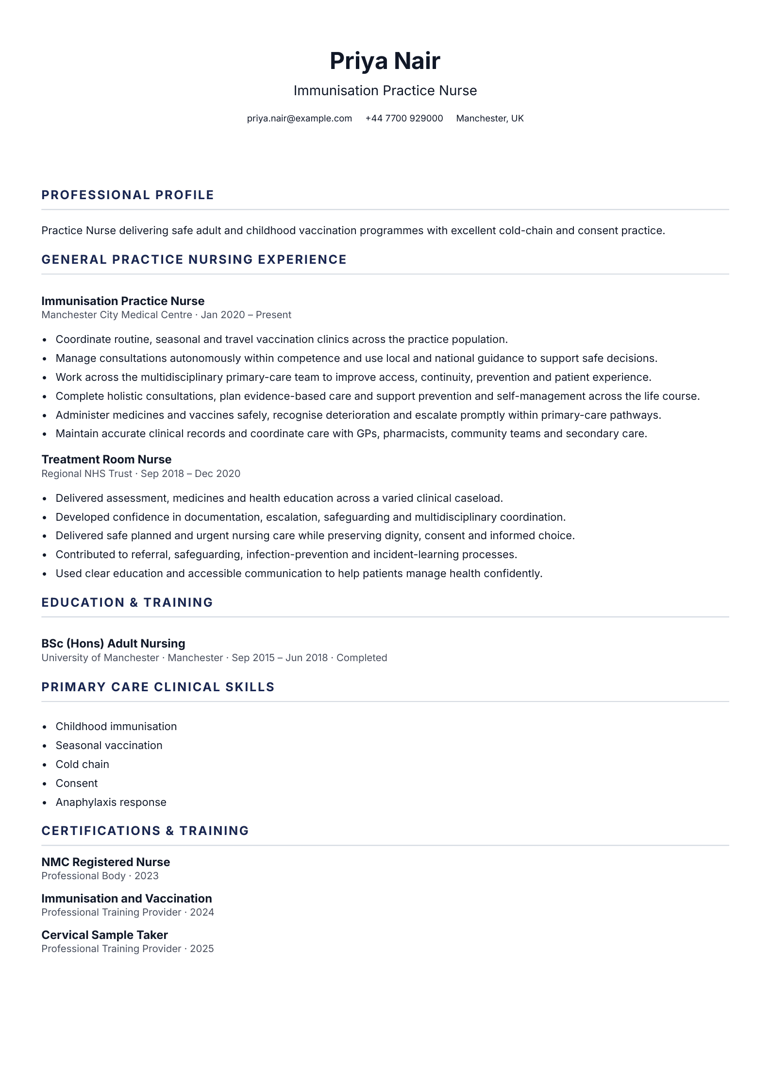 Immunisation Practice Nurse CV template
