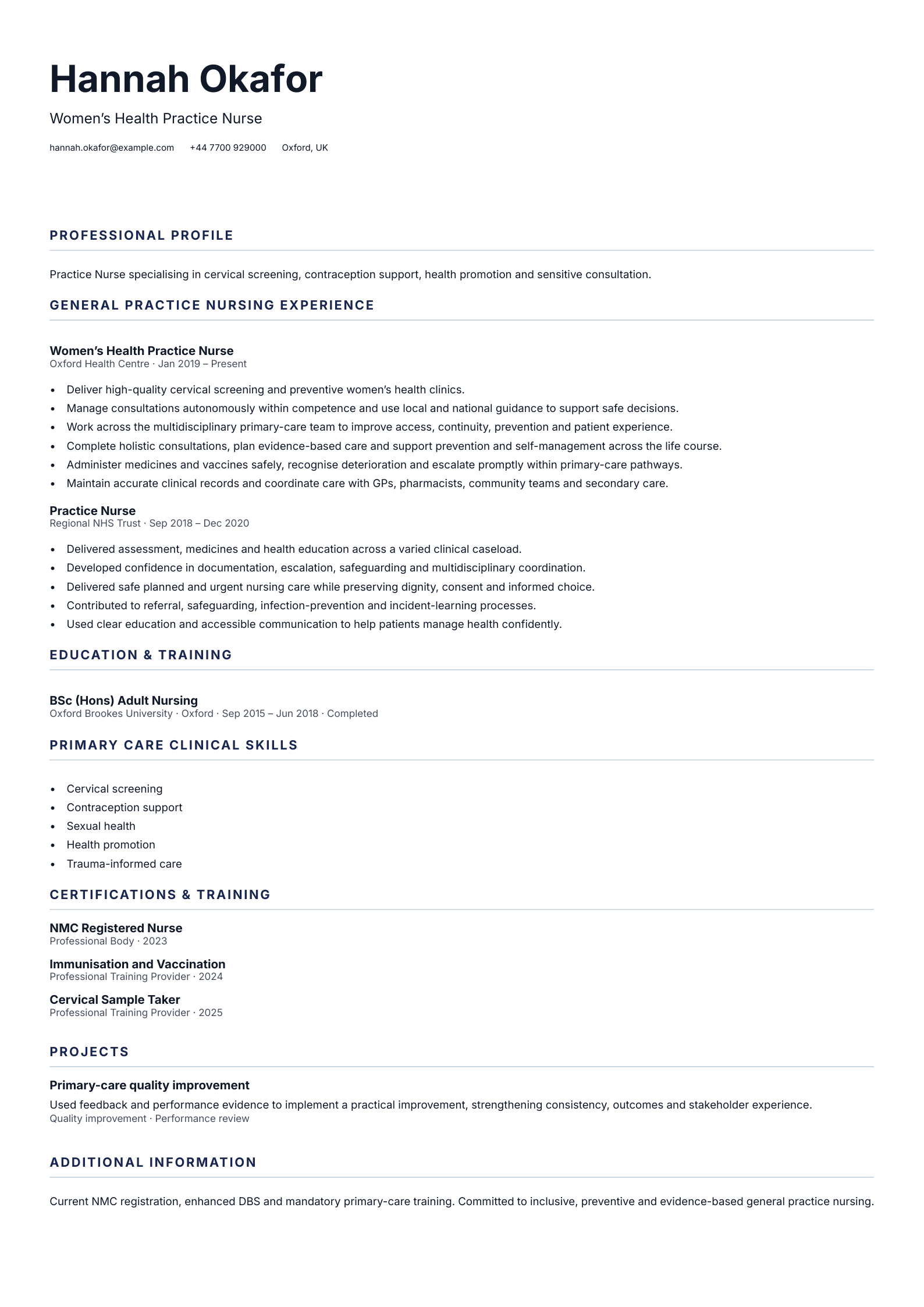 Women’s Health Practice Nurse CV template