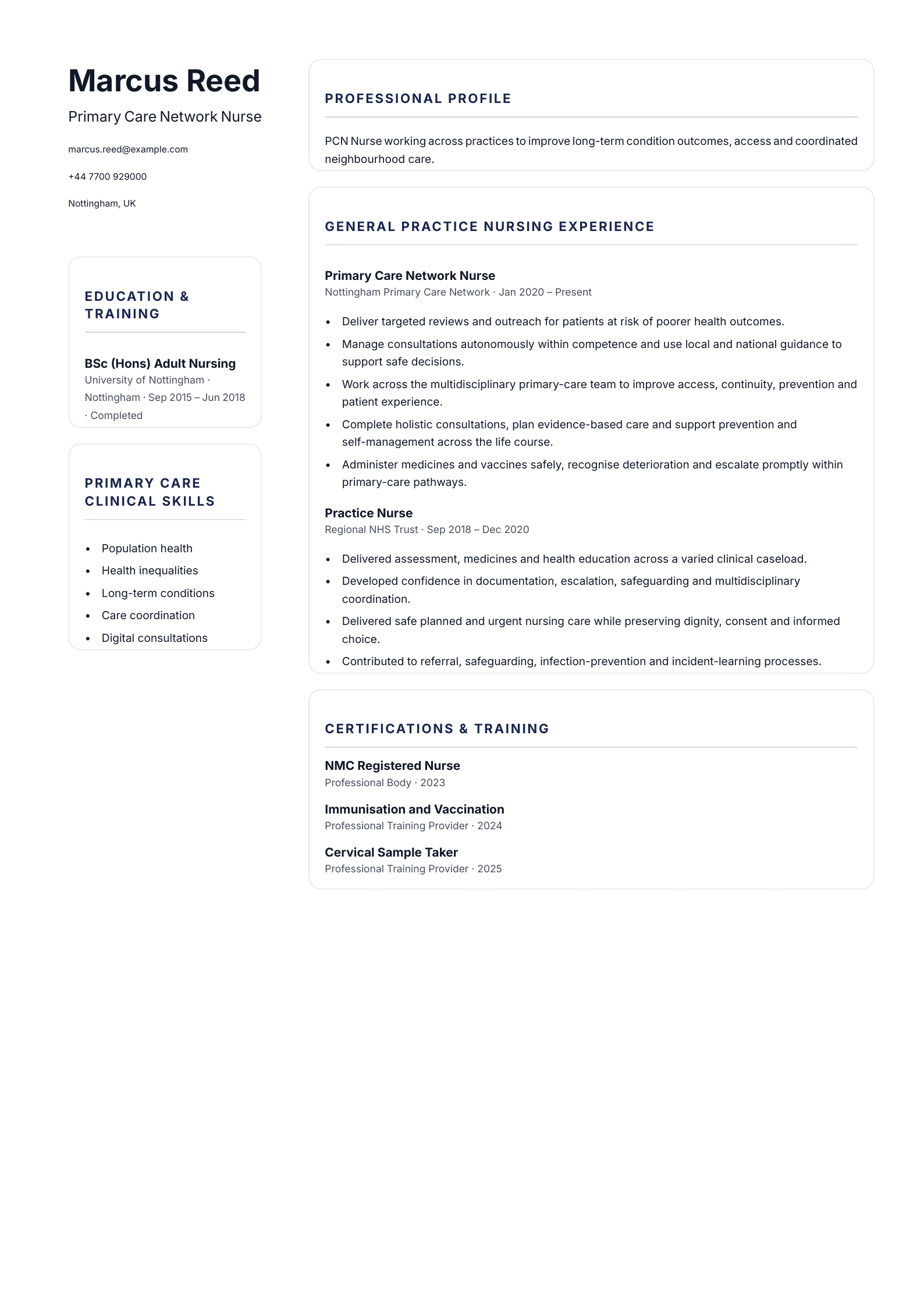 Primary Care Network Nurse CV template
