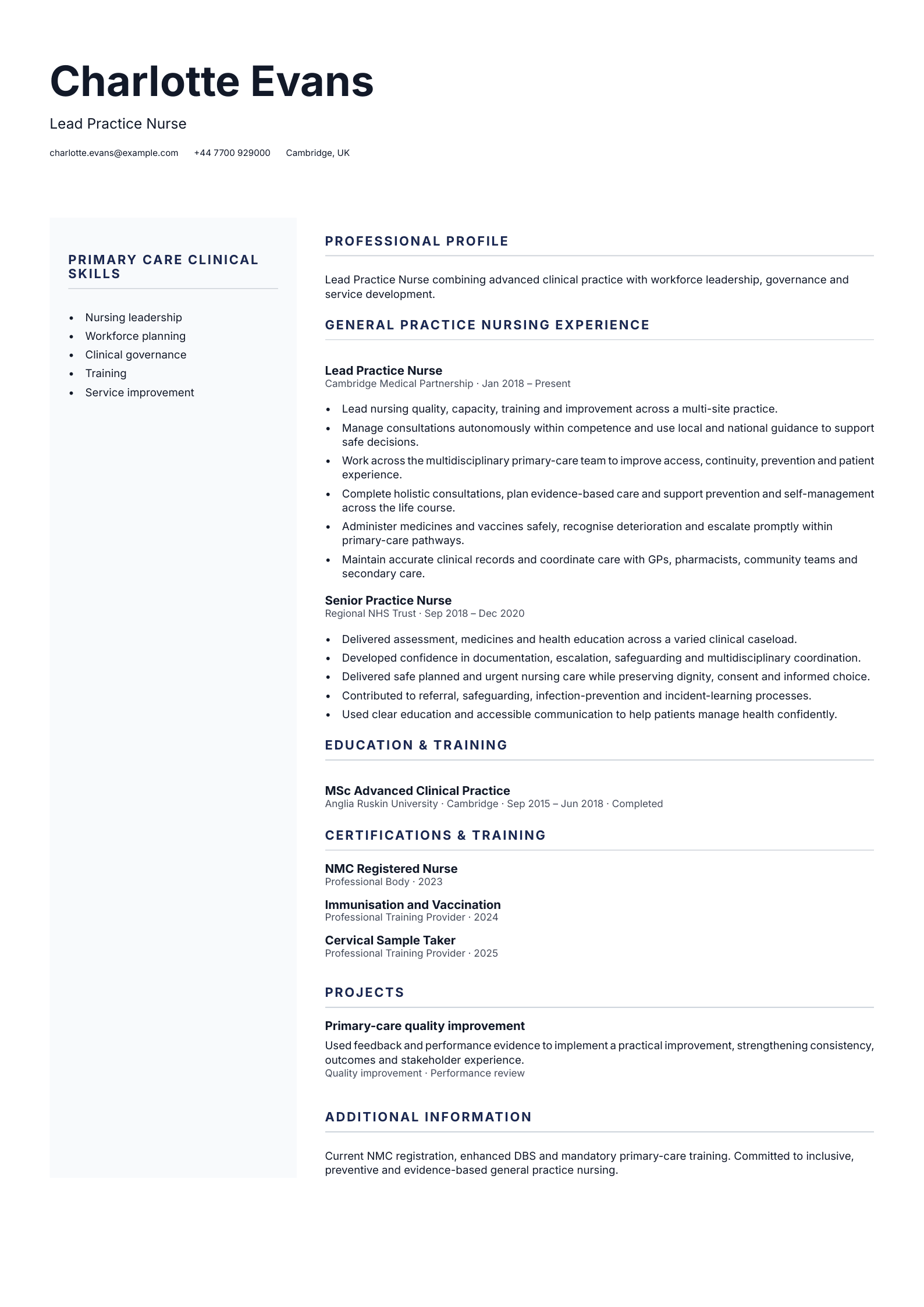 Lead Practice Nurse CV template