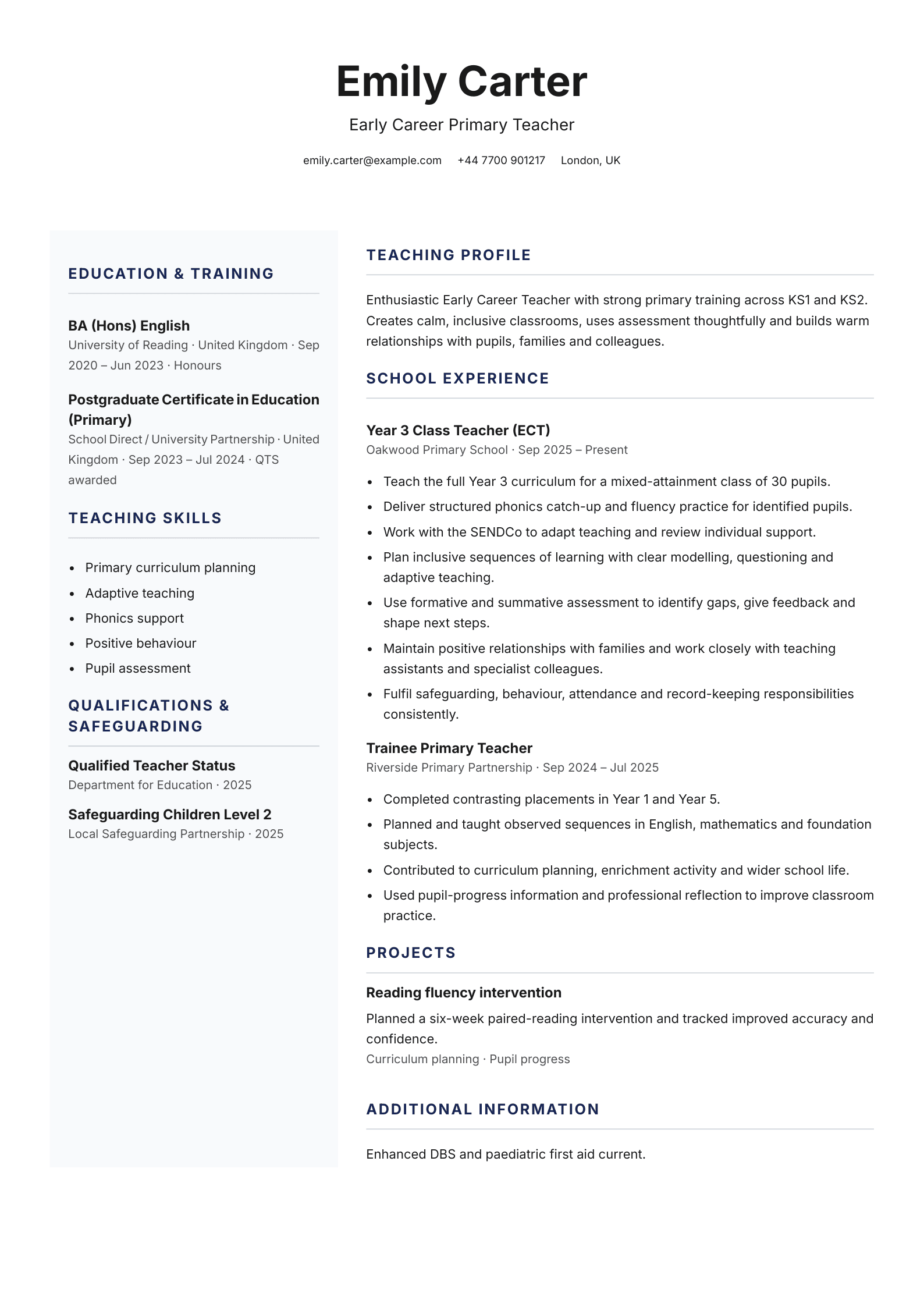 Early Career Primary Teacher CV template