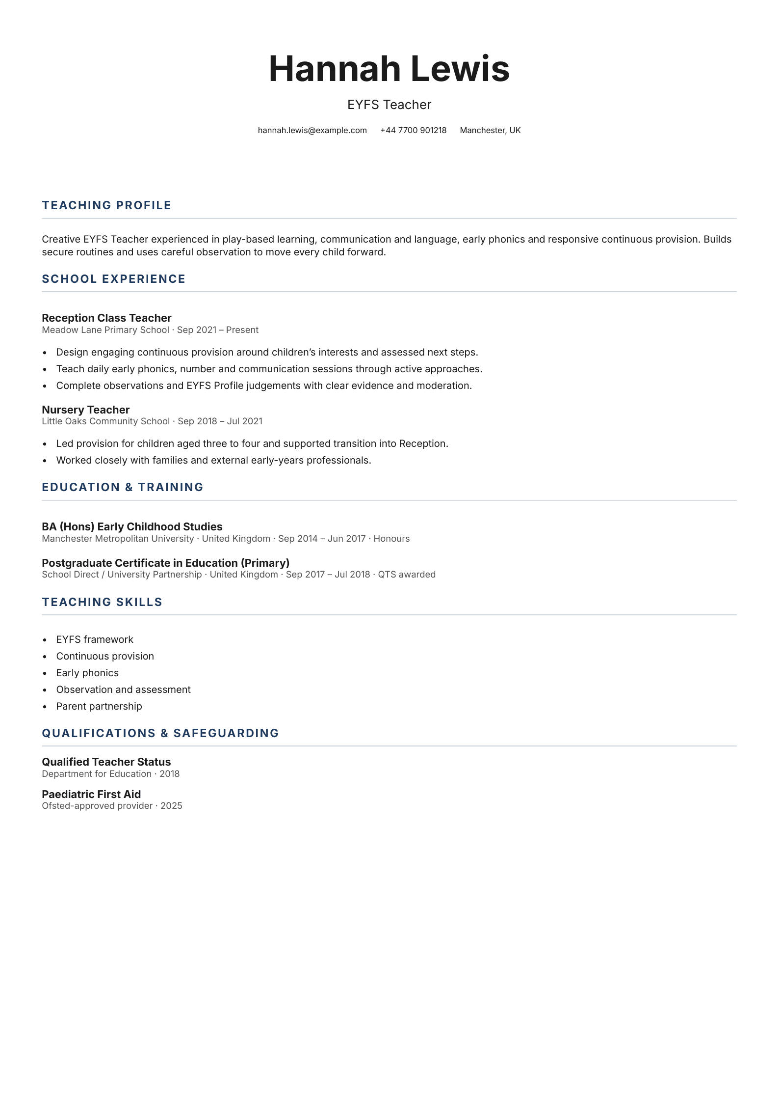 EYFS Teacher CV template