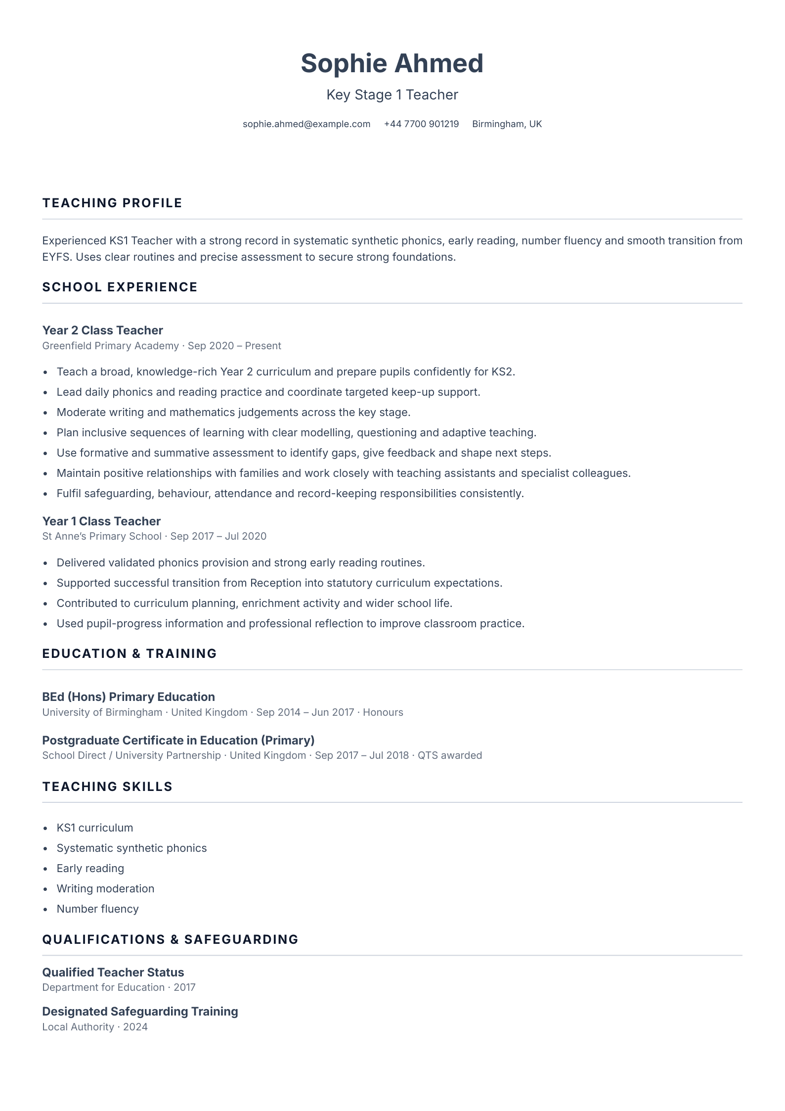 Primary teacher CV