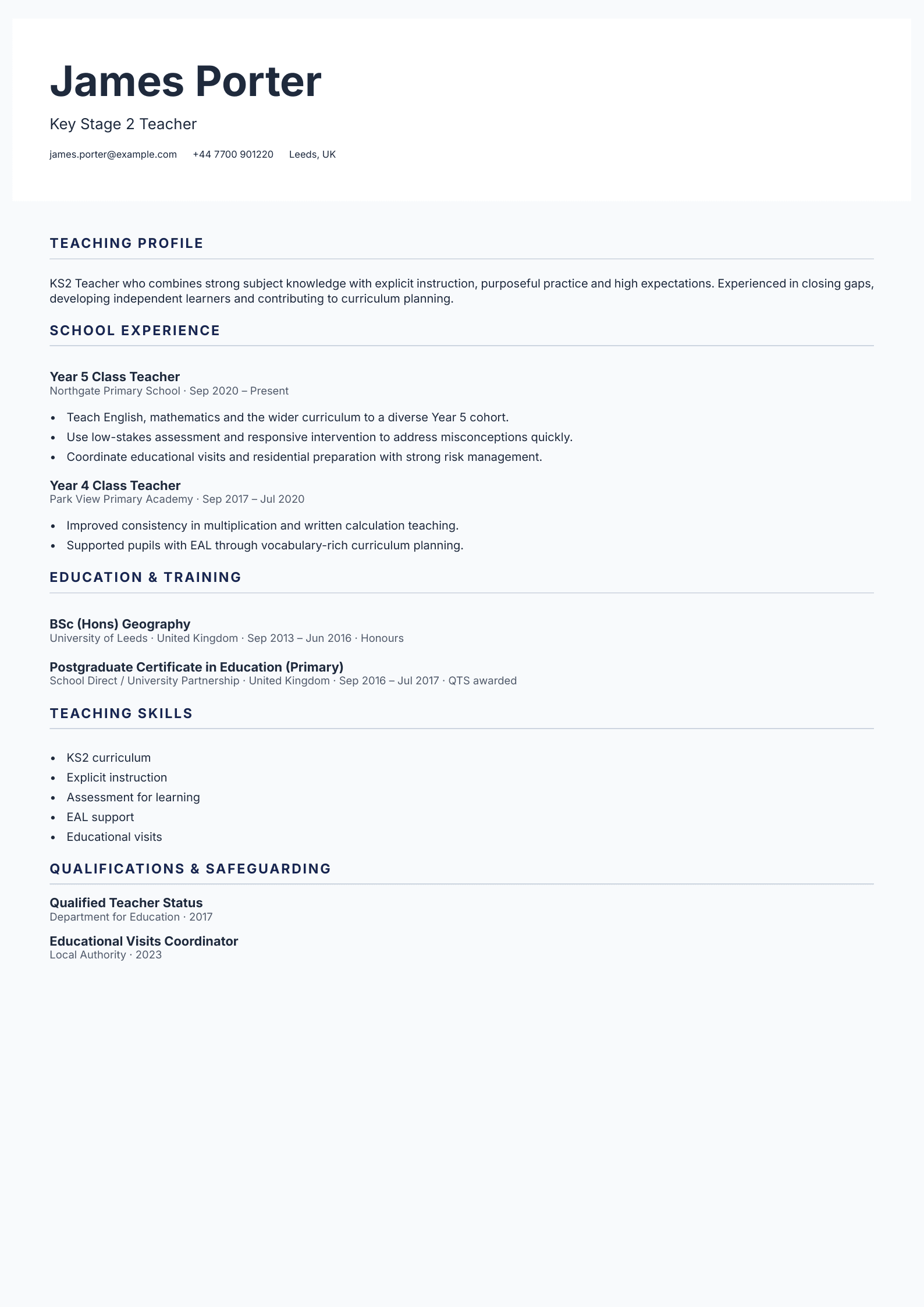 Key Stage 2 Teacher CV template