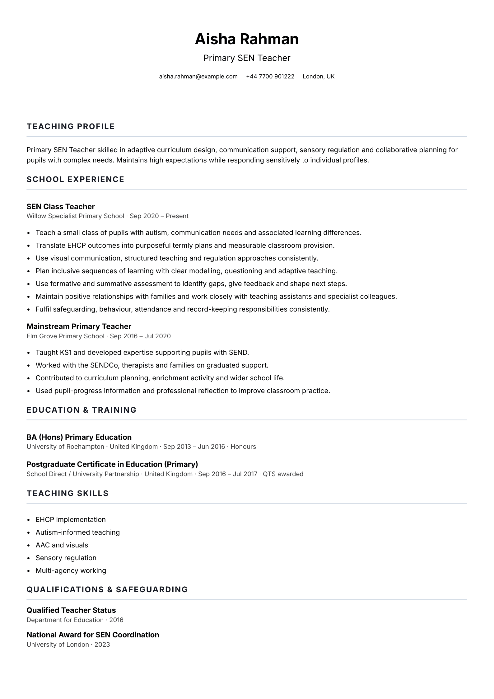Primary SEN Teacher CV template