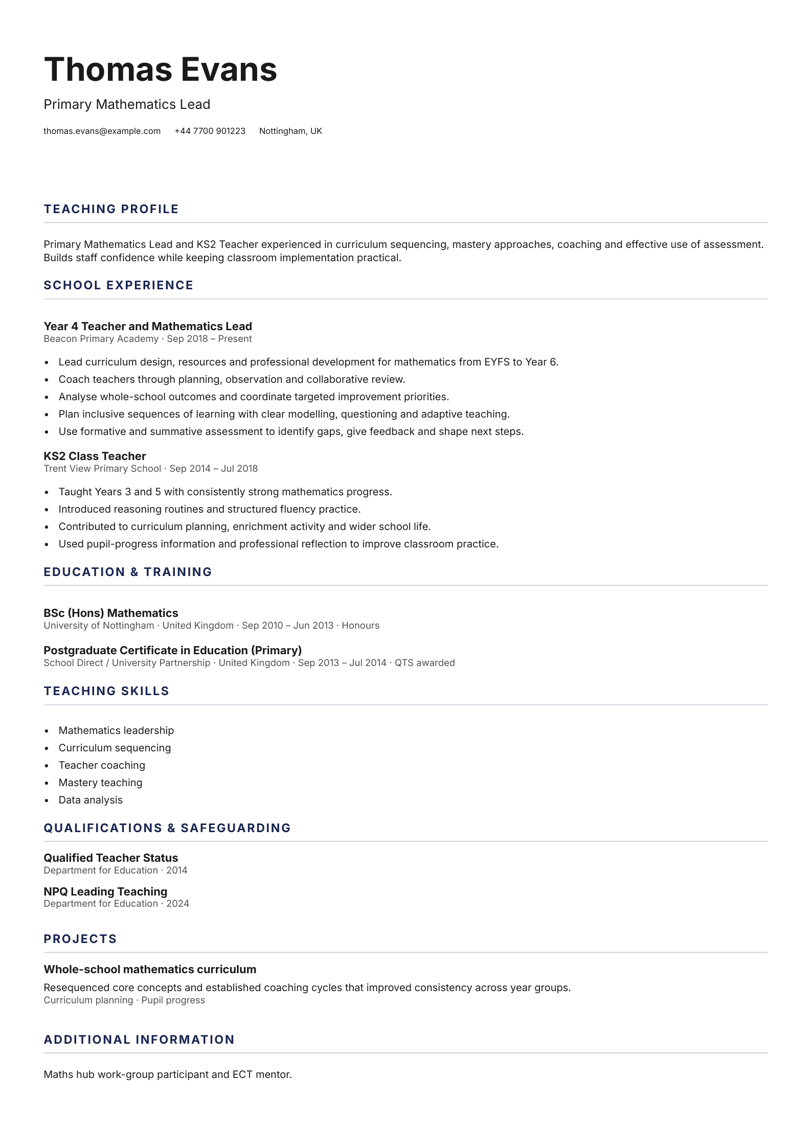 Primary Subject Lead CV template