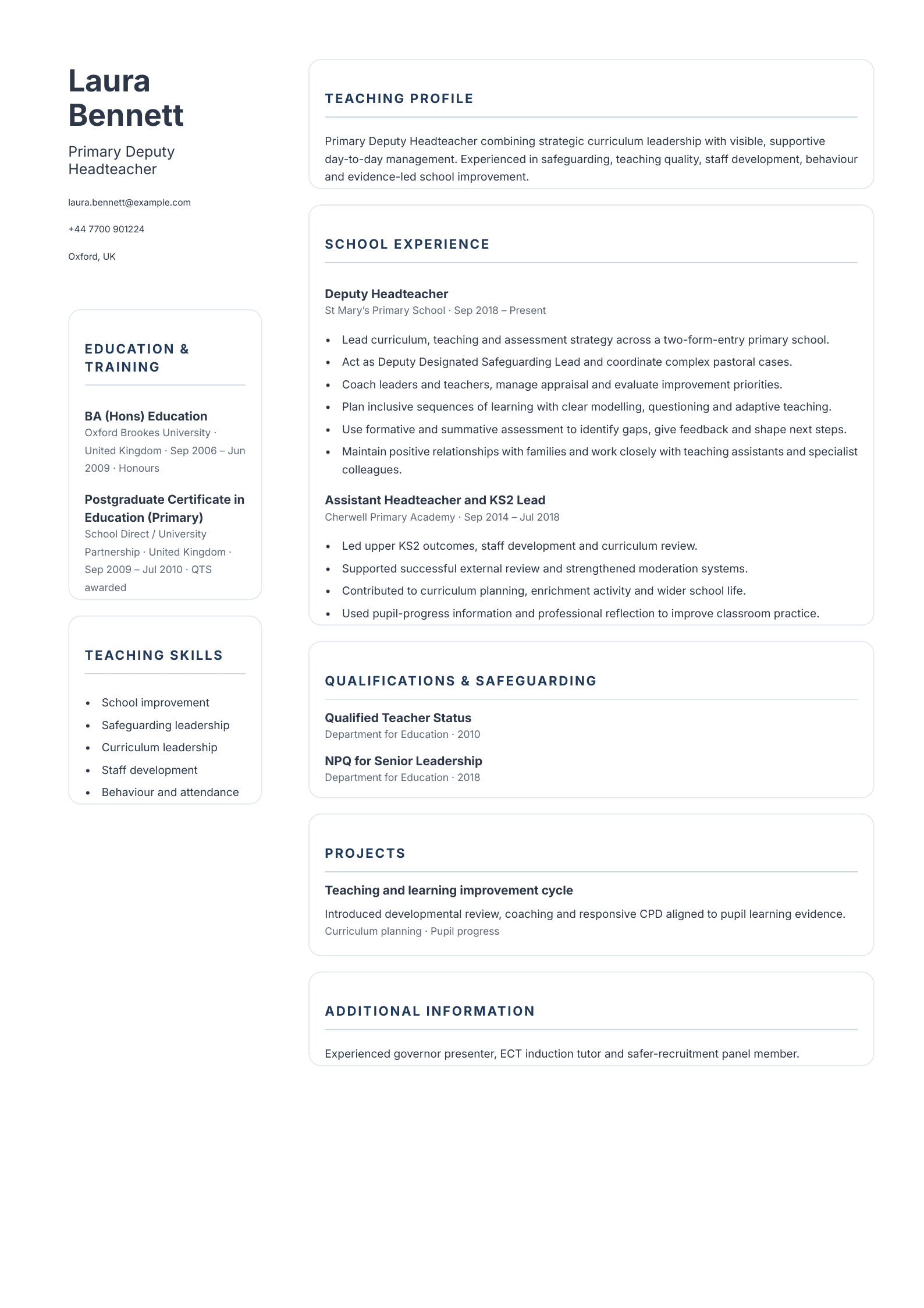 Primary Deputy Headteacher CV template