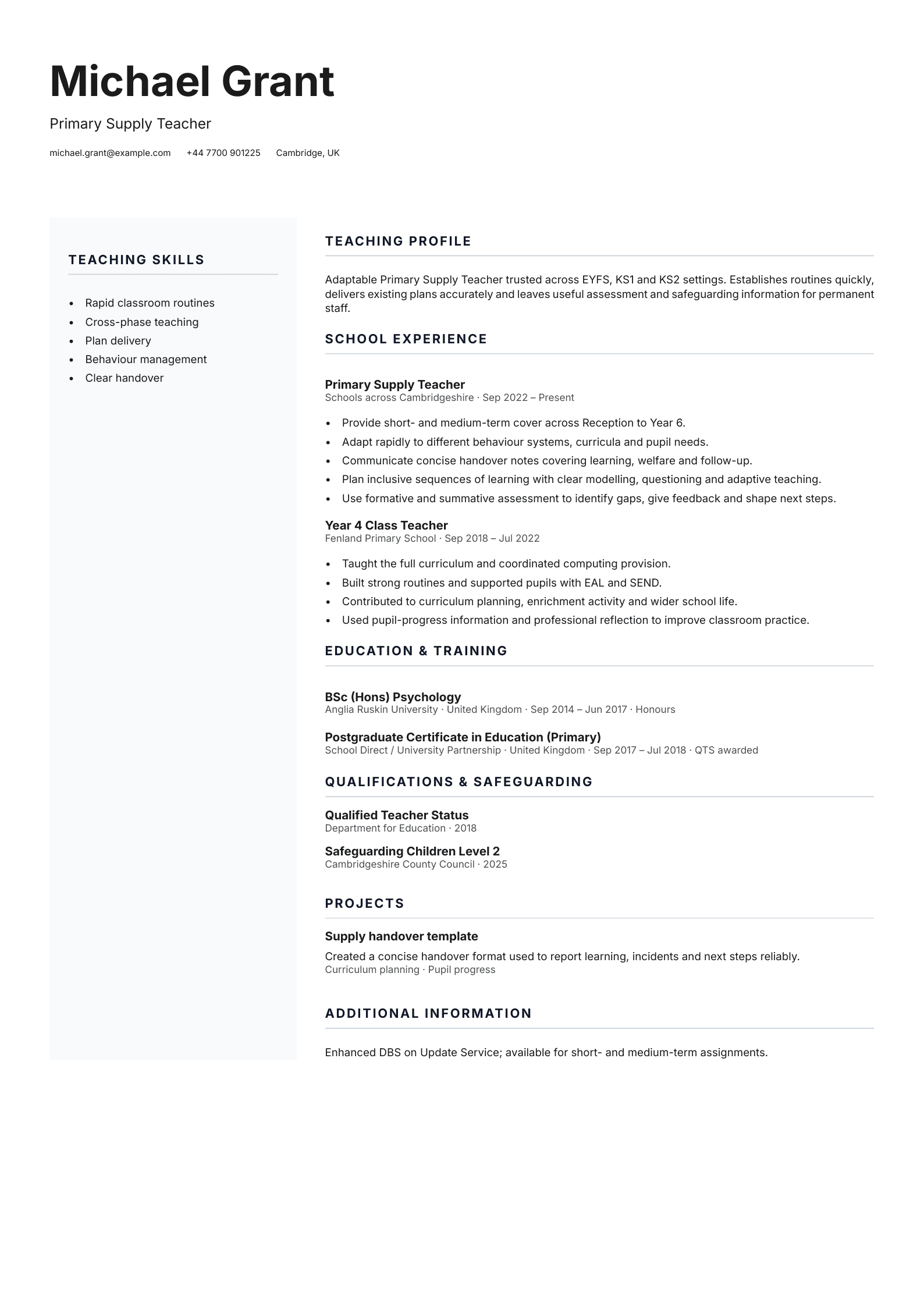 Primary Supply Teacher CV template