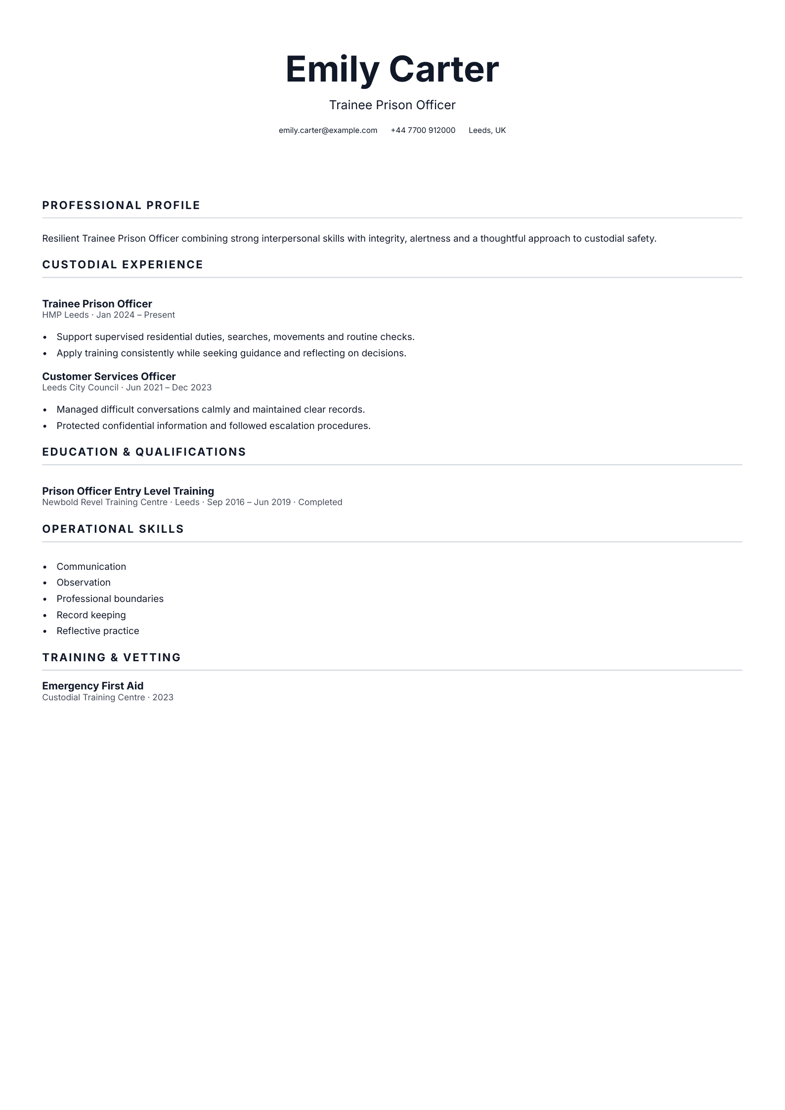 Trainee Prison Officer CV template