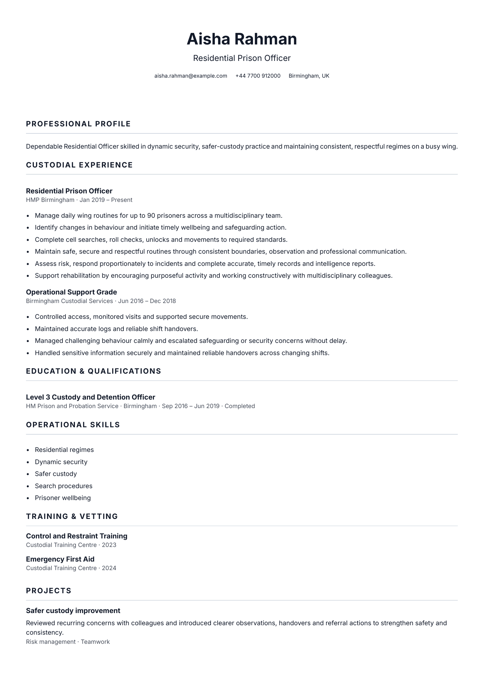 Residential Prison Officer CV template
