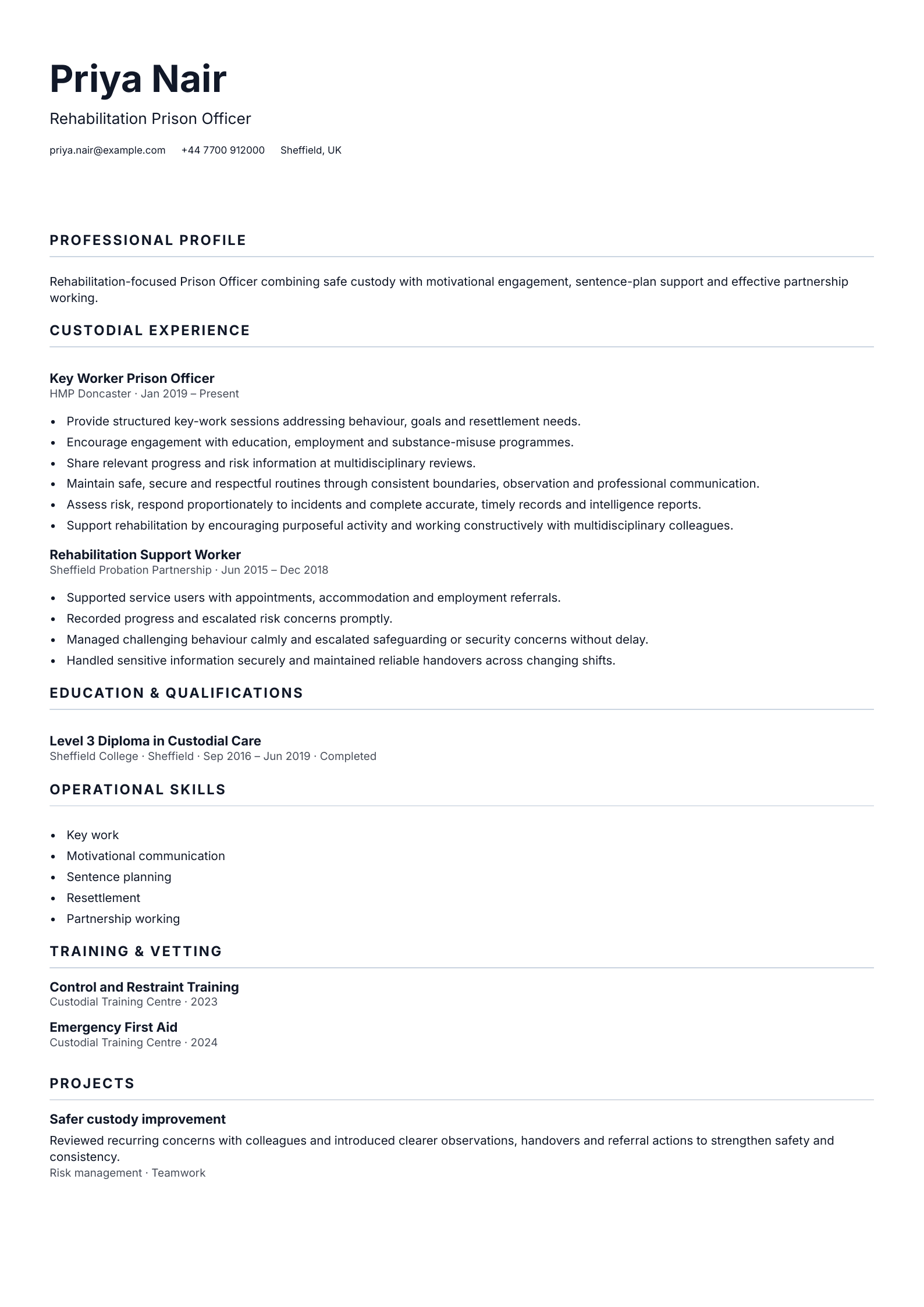 Rehabilitation Prison Officer CV template