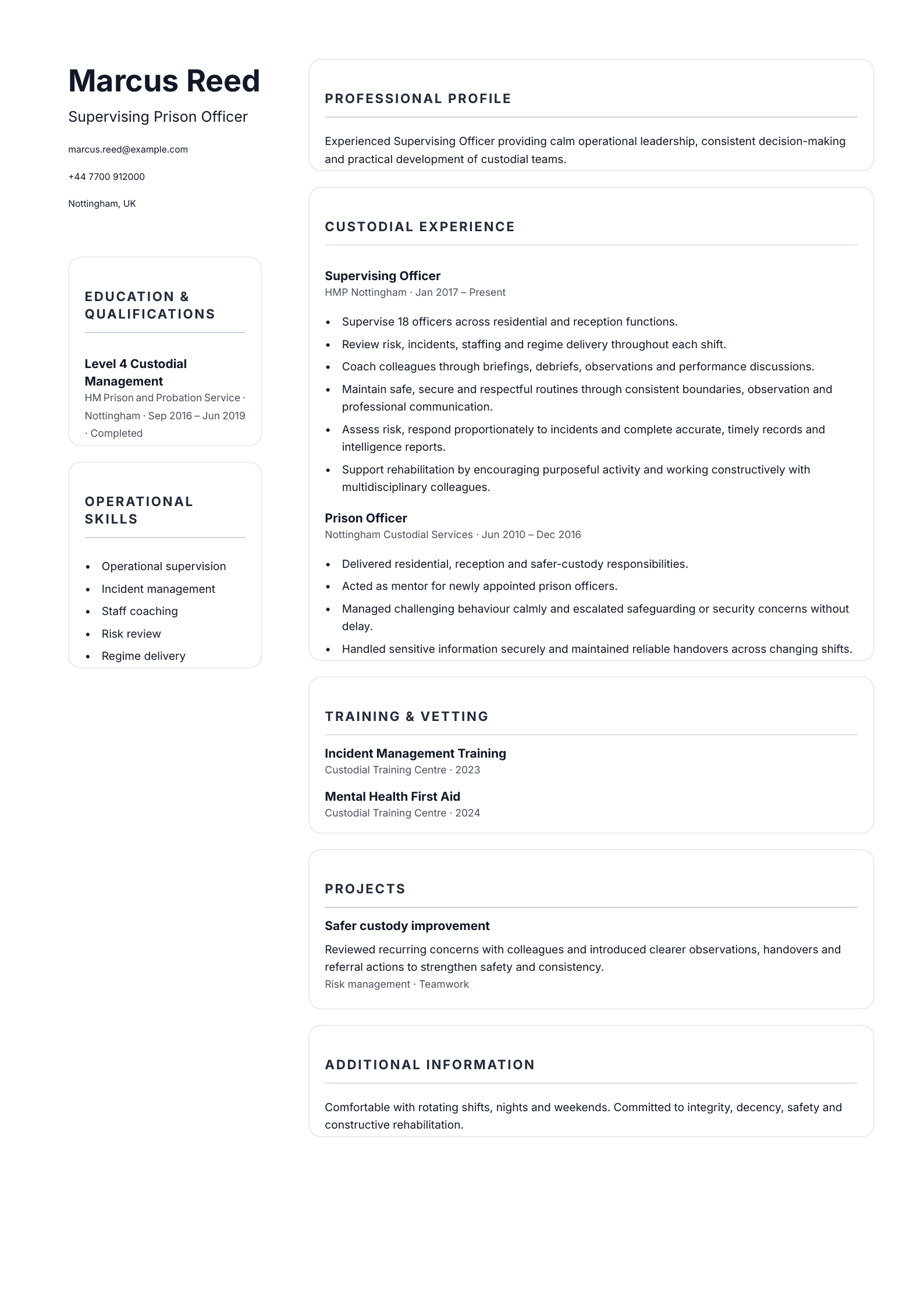 Supervising Prison Officer CV template