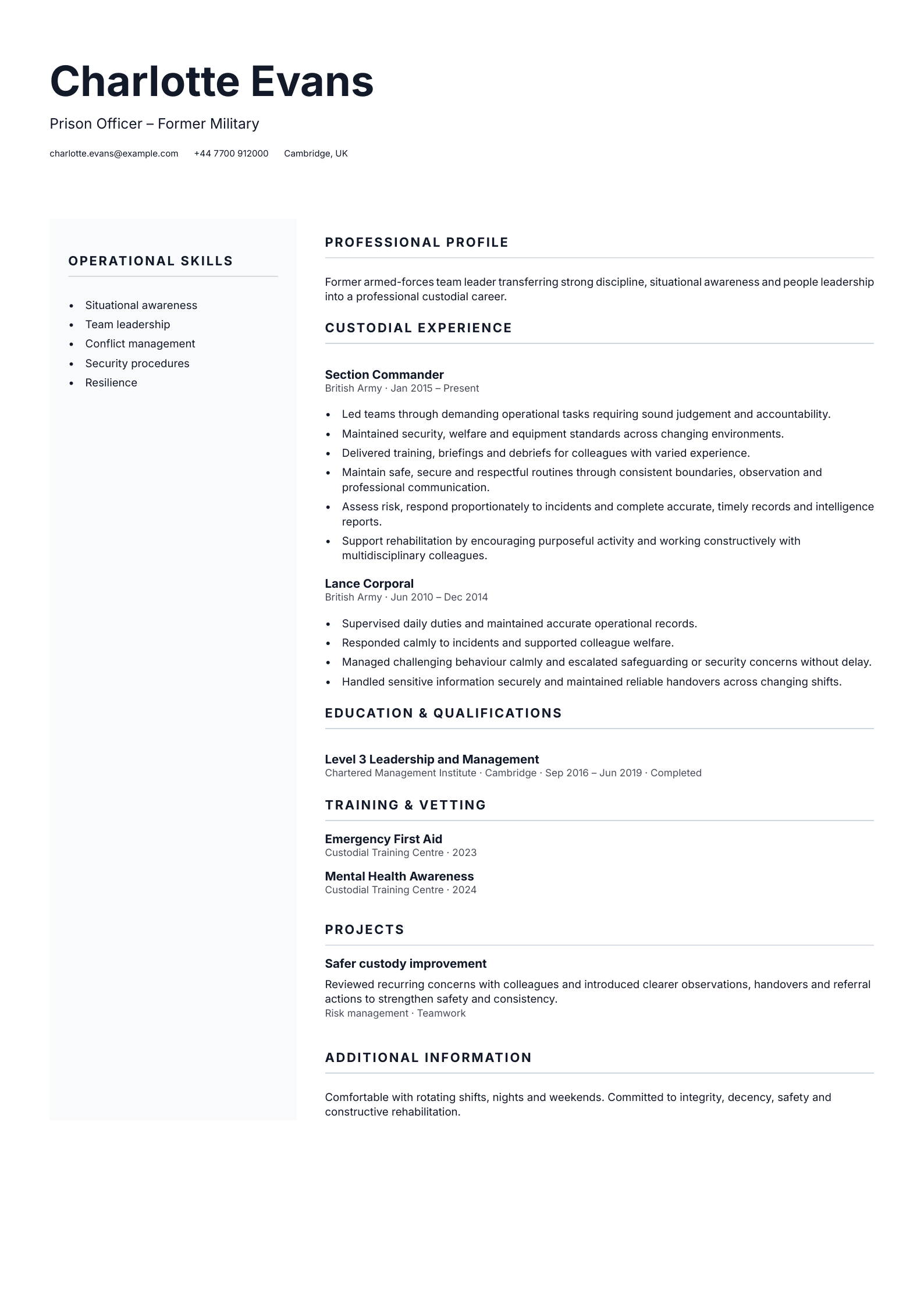 Prison Officer – Former Military CV template