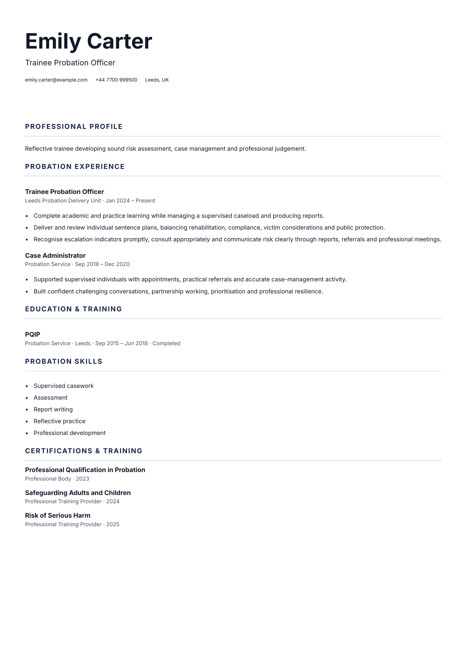 Trainee Probation Officer CV template