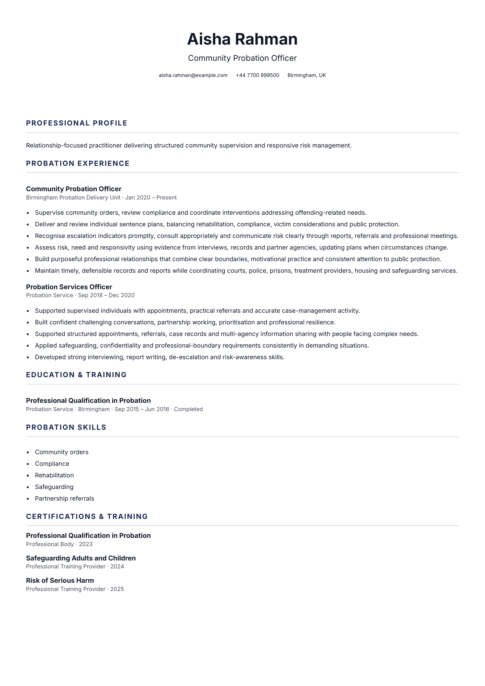 Community Probation Officer CV template
