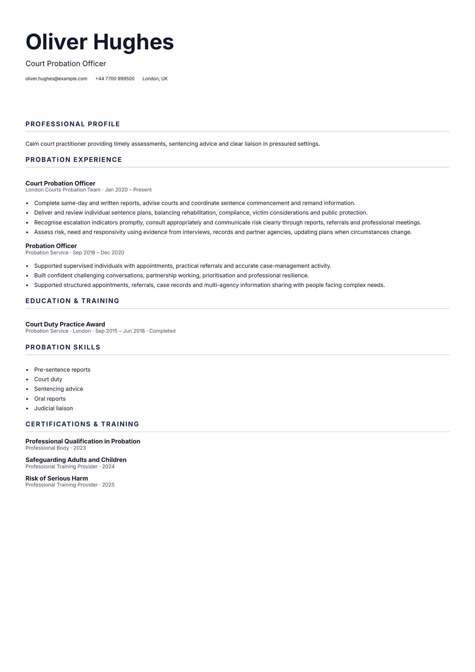 Court Probation Officer CV template