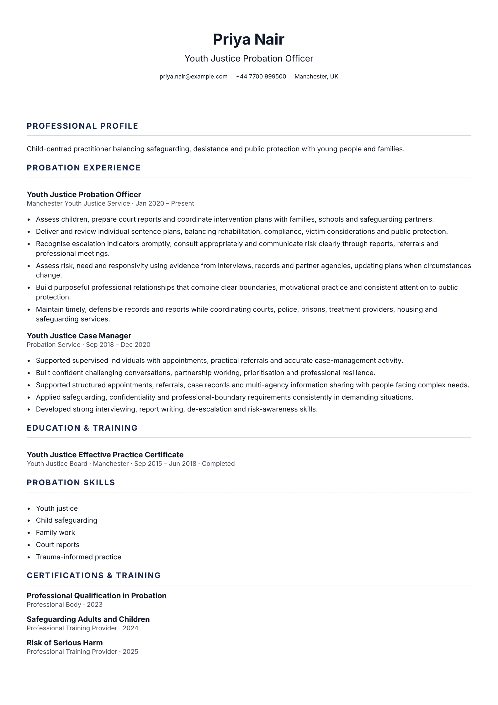 Youth Justice Probation Officer CV template