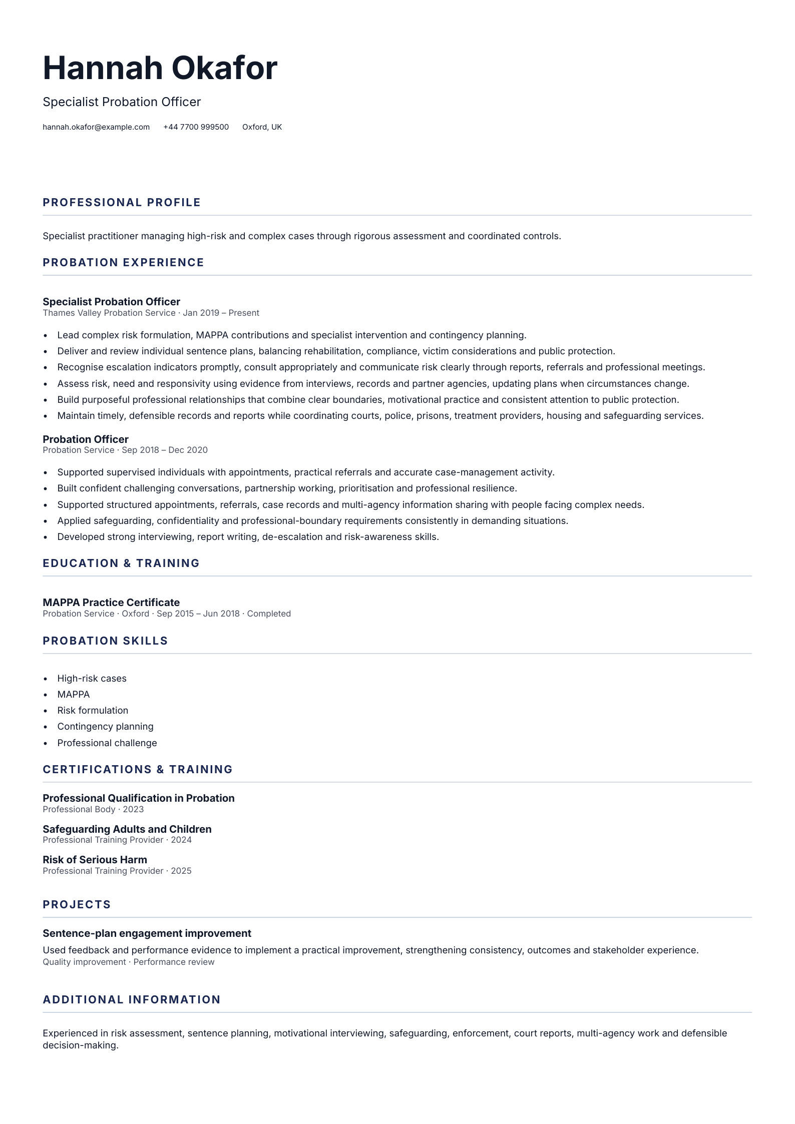 Specialist Probation Officer CV template