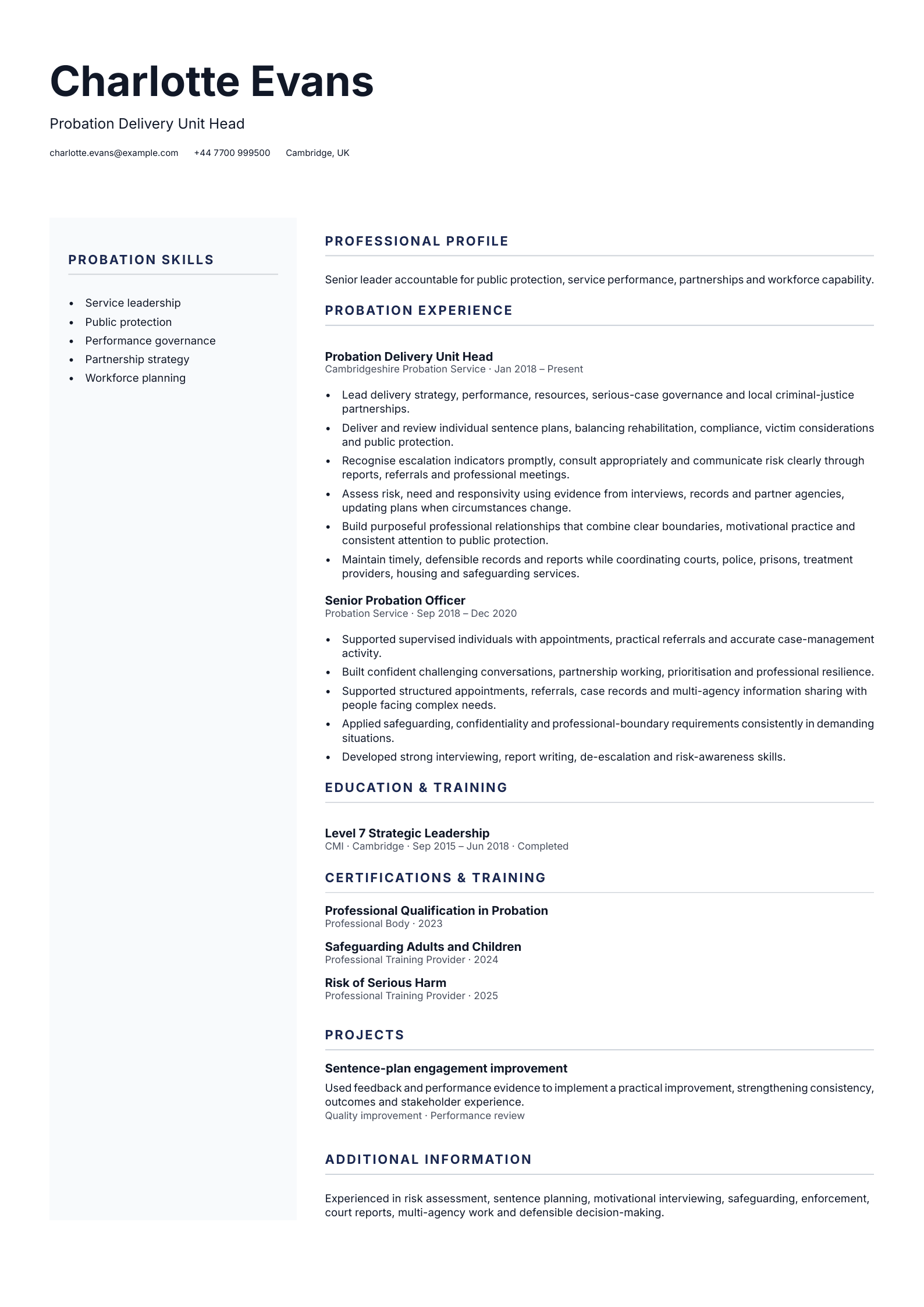 Probation Delivery Unit Head CV template