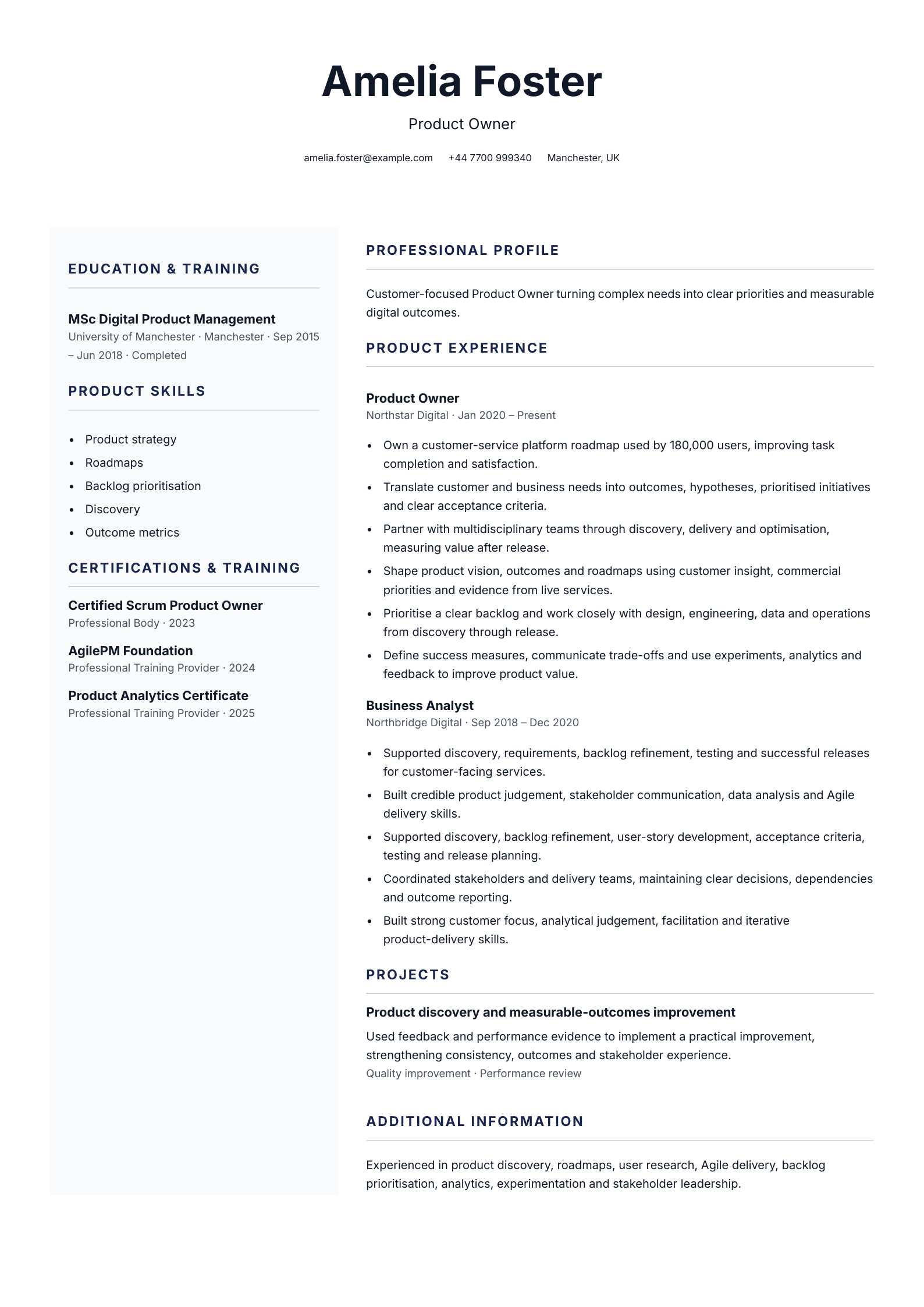 Product owner CV