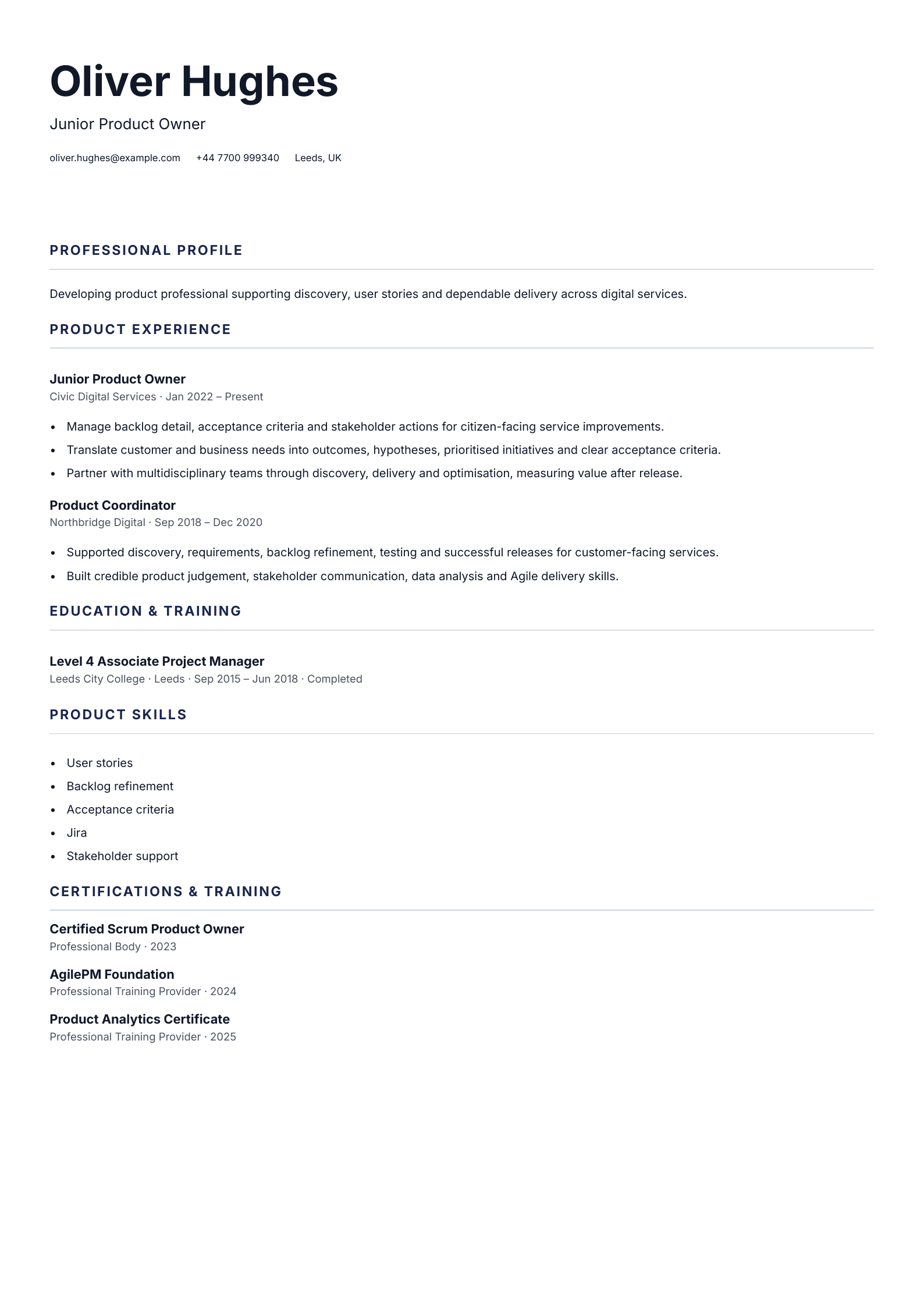 Junior Product Owner CV template