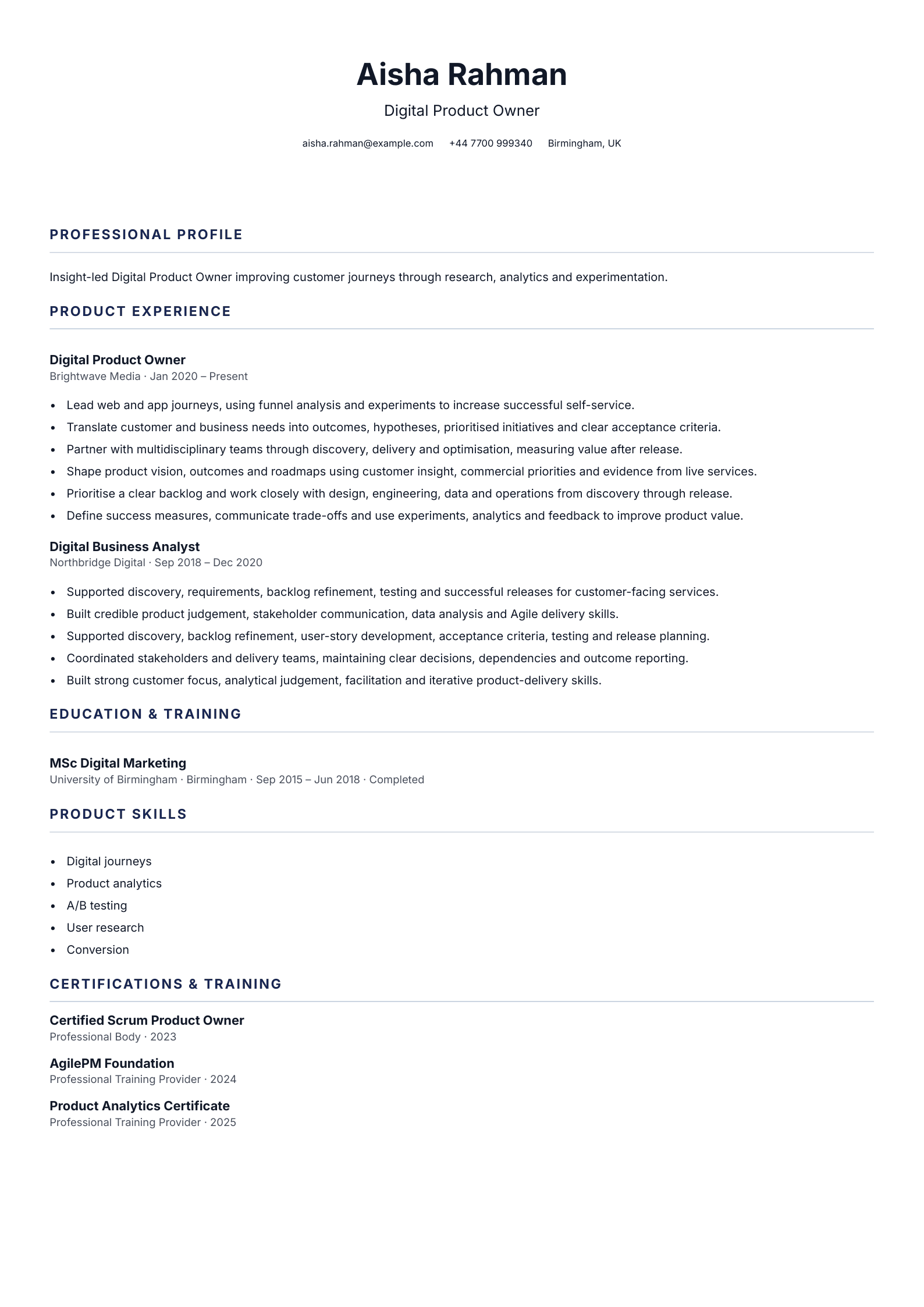 Digital Product Owner CV template