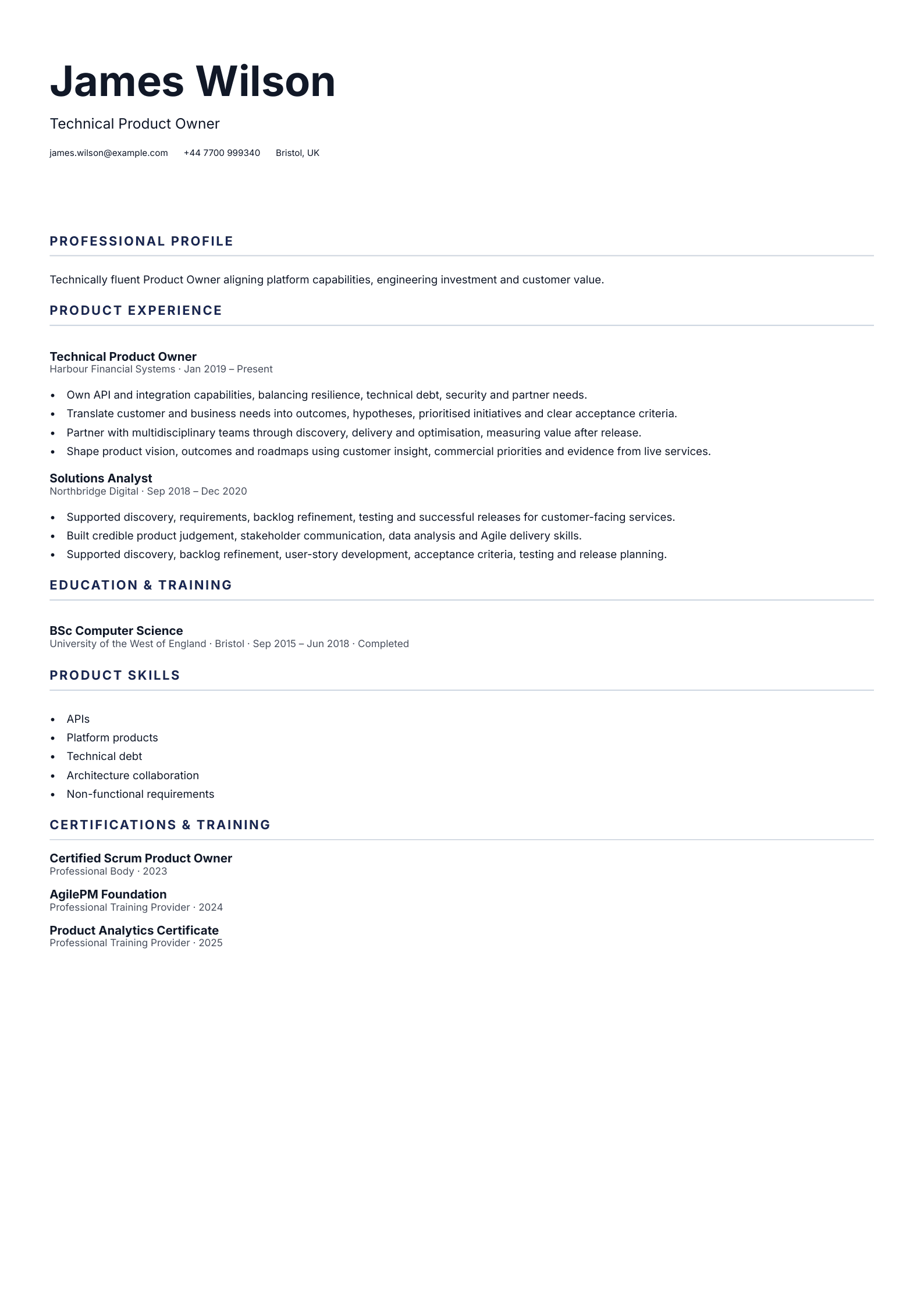 Technical Product Owner CV template