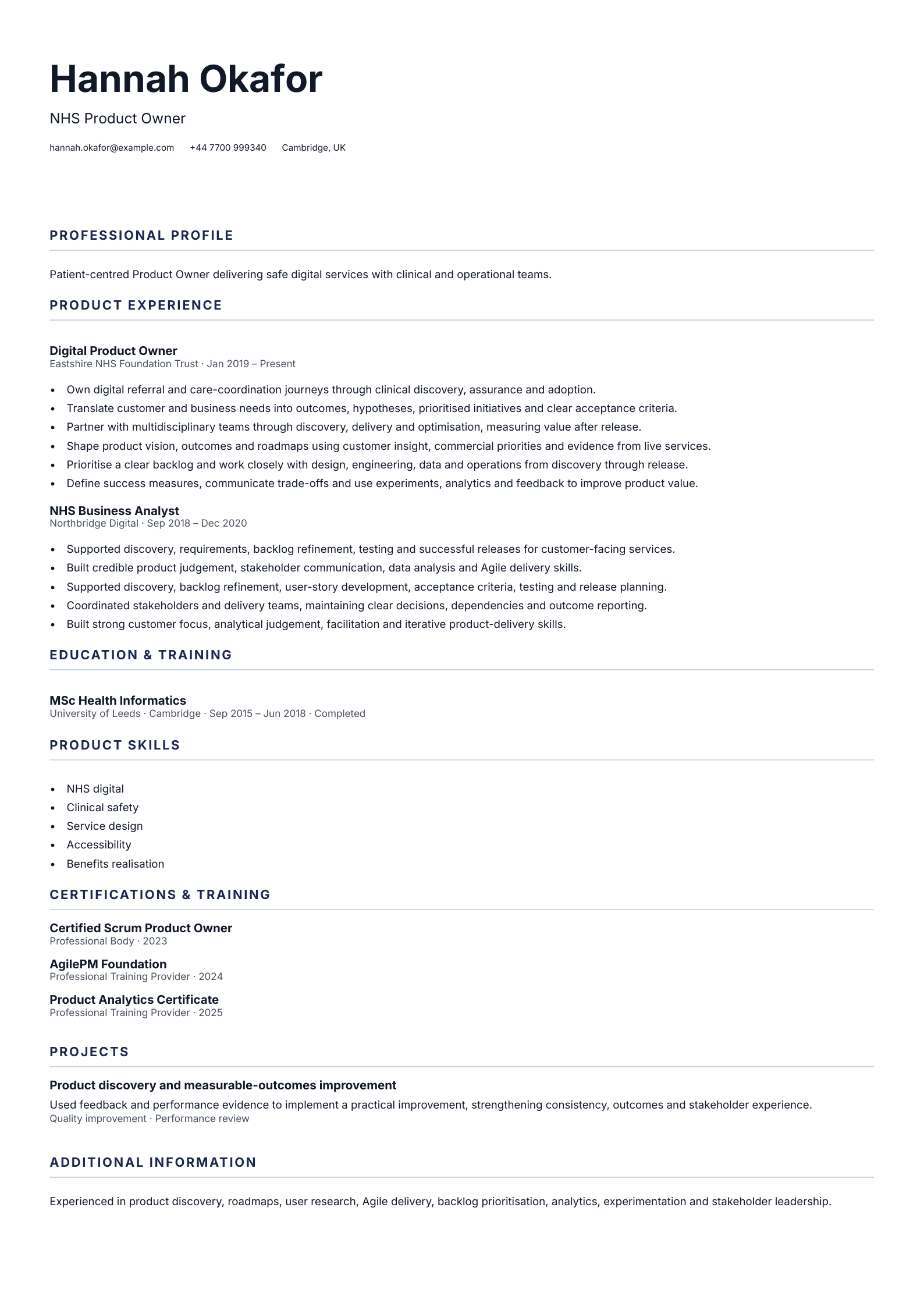 NHS Product Owner CV template