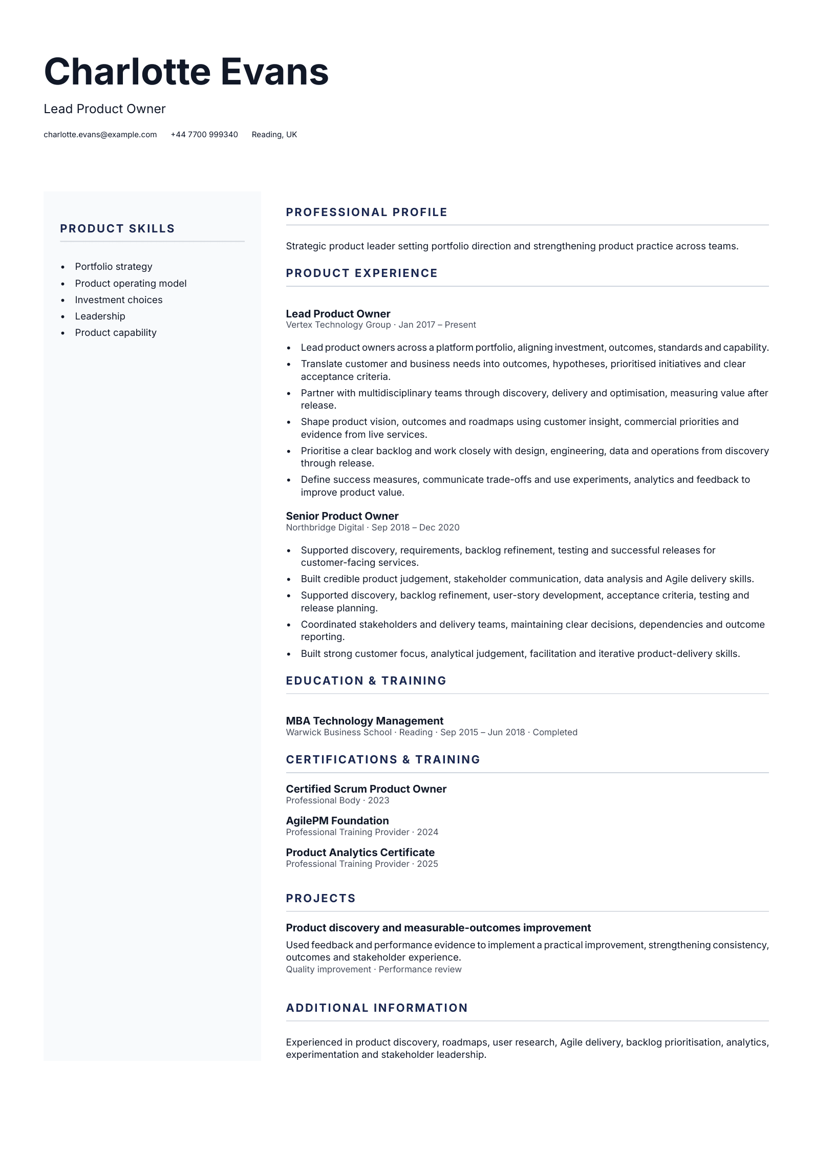 Lead Product Owner CV template